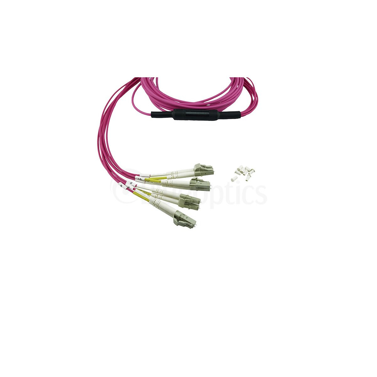 Un cavo in fibra ottica rosa con cinque connettori. I connettori sono bianchi e grigi.
