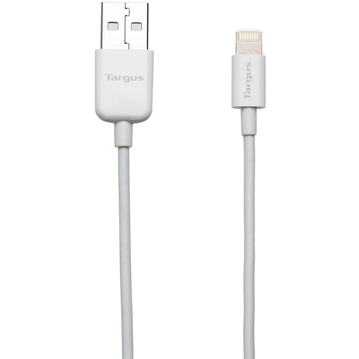 Cavo Targus bianco da USB a Lightning con connettori ad ogni estremità.