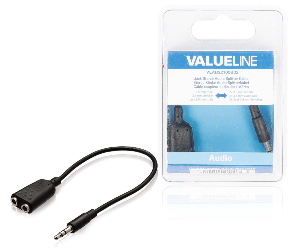 Cavo splitter nero con jack da 3,5 mm e due connettori RCA, confezionato.