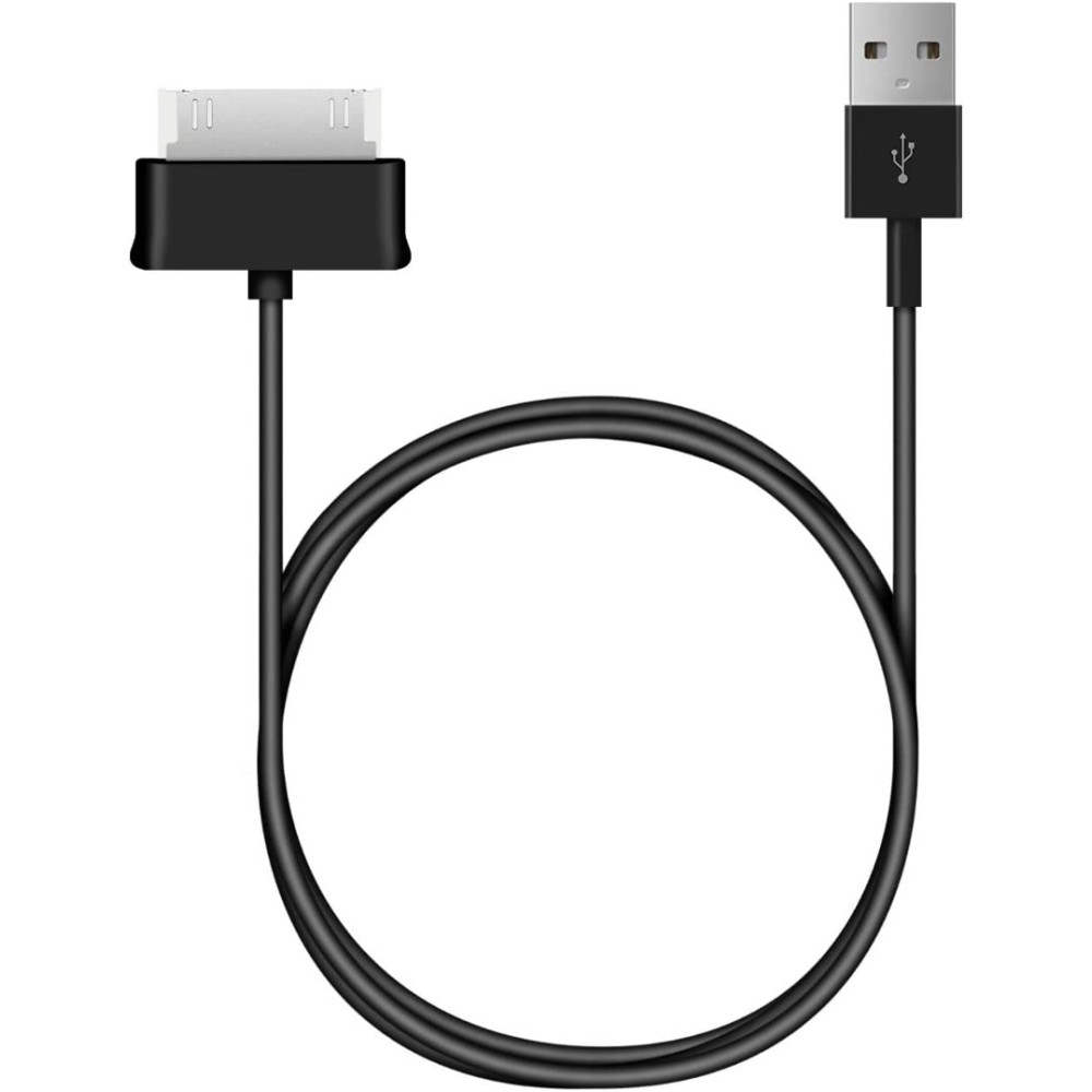 Cavo da USB nero a 30 pin, sfondo bianco. L'estremità USB ha un simbolo USB.