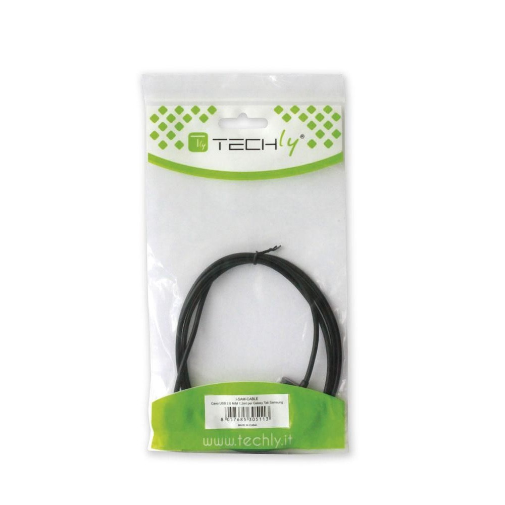 Cavo nero in confezione di plastica trasparente su sfondo bianco con testo.