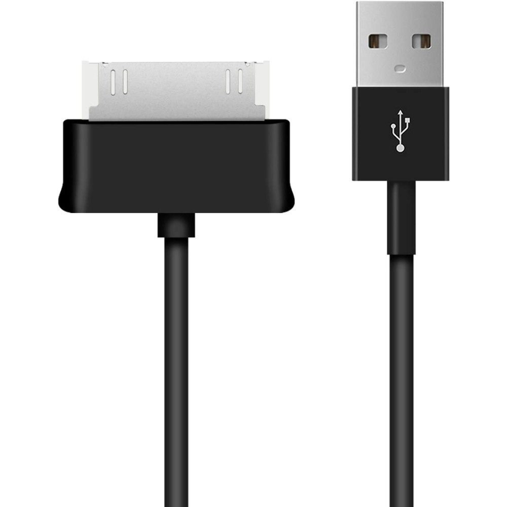 Cavo nero con connettore USB a un'estremità e connettore Apple di vecchio stile all'altra.