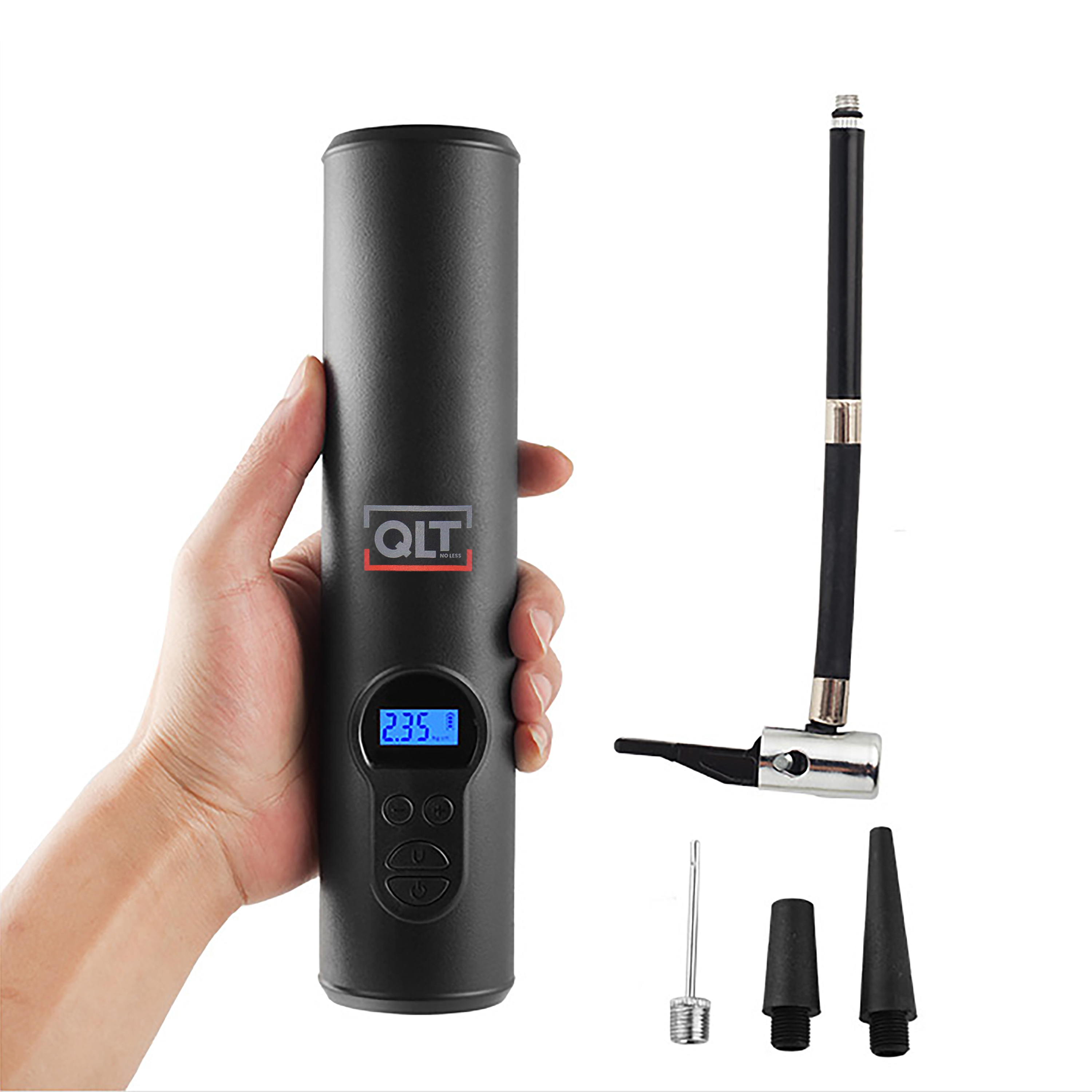 A black portable air pump with a digital display in a hand, with attachments on the right.