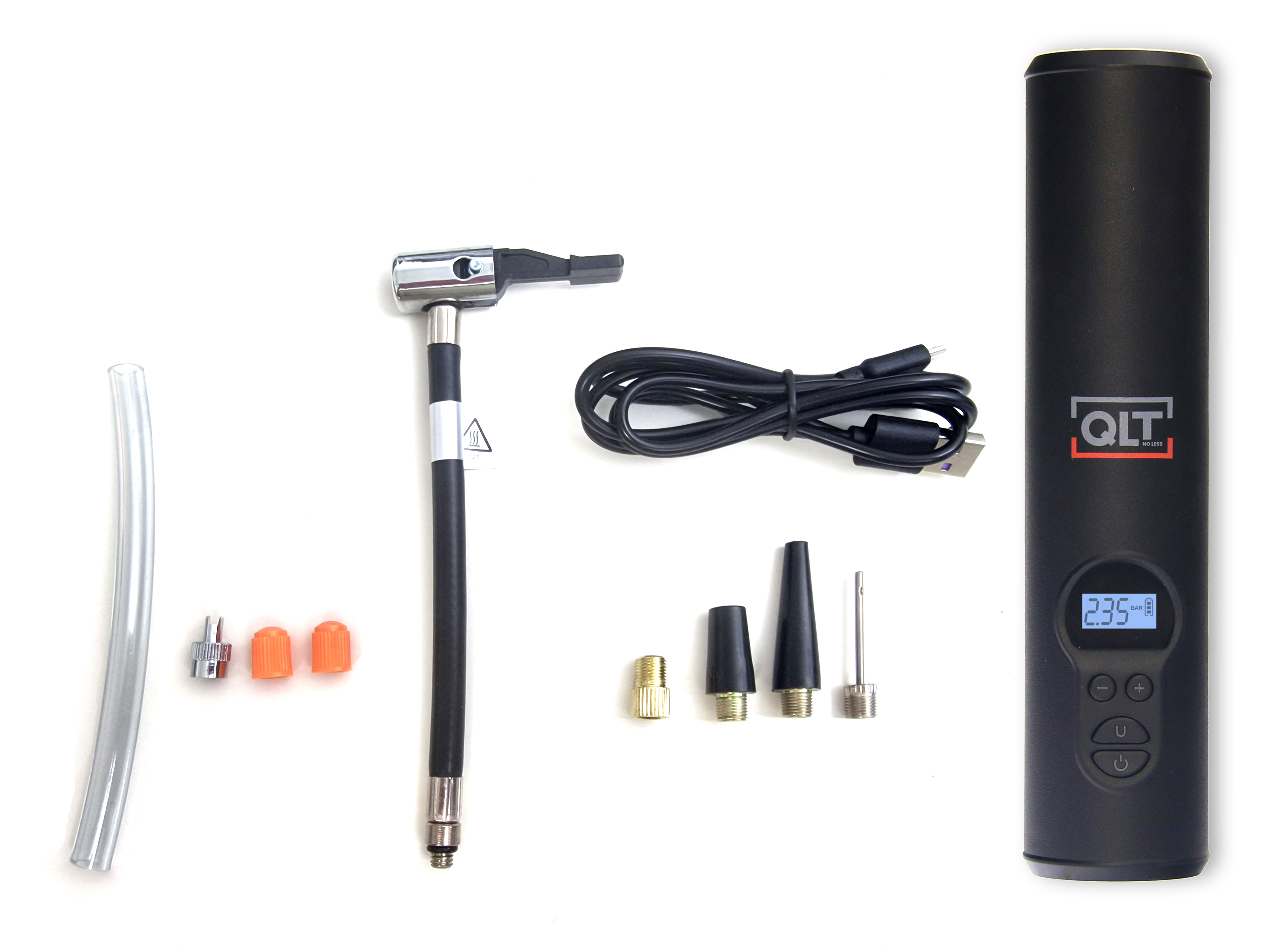 Various tools for inflating tires, including a pump and nozzles.