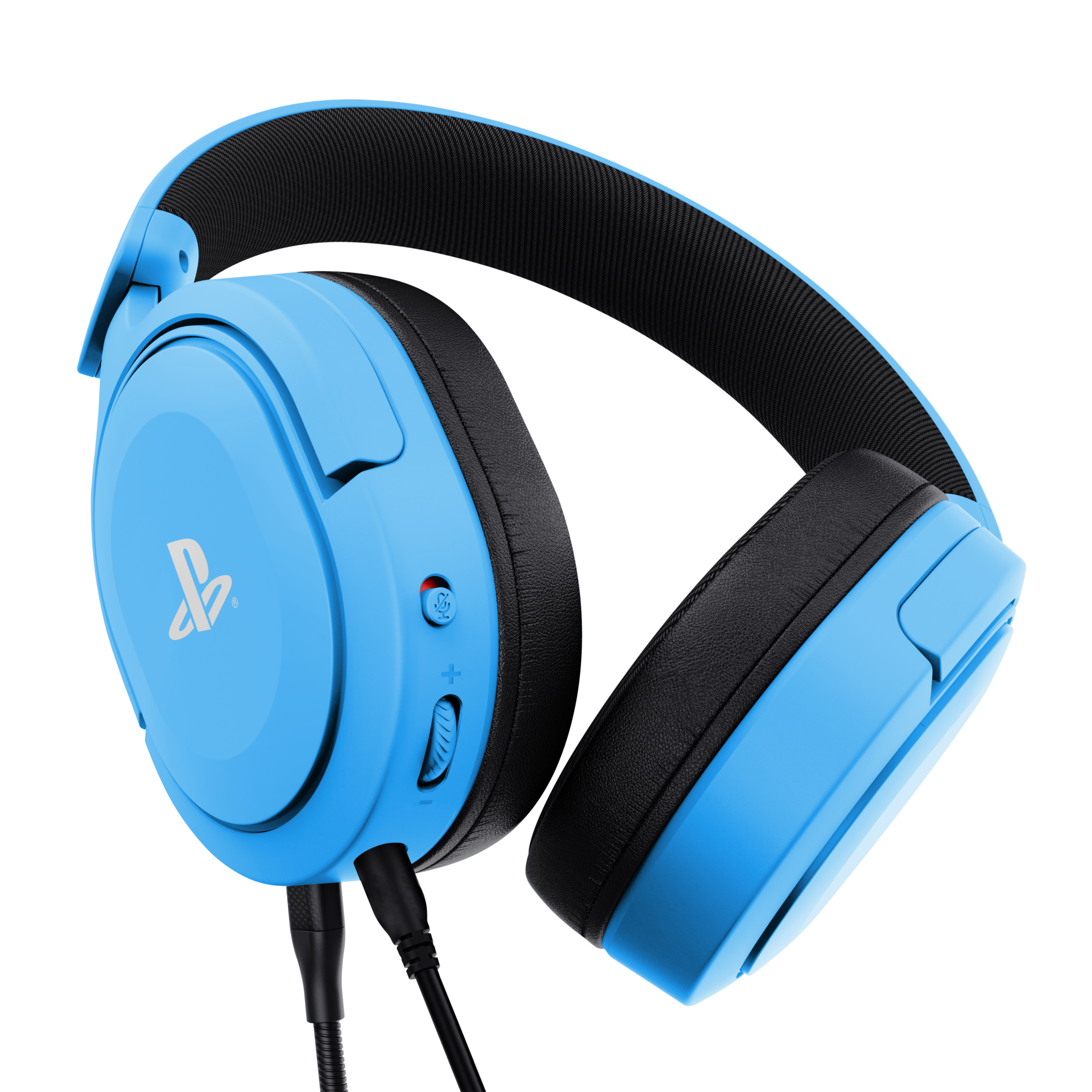 Niebiesko-czarny zestaw słuchawkowy do gier. Widoczne logo PlayStation.