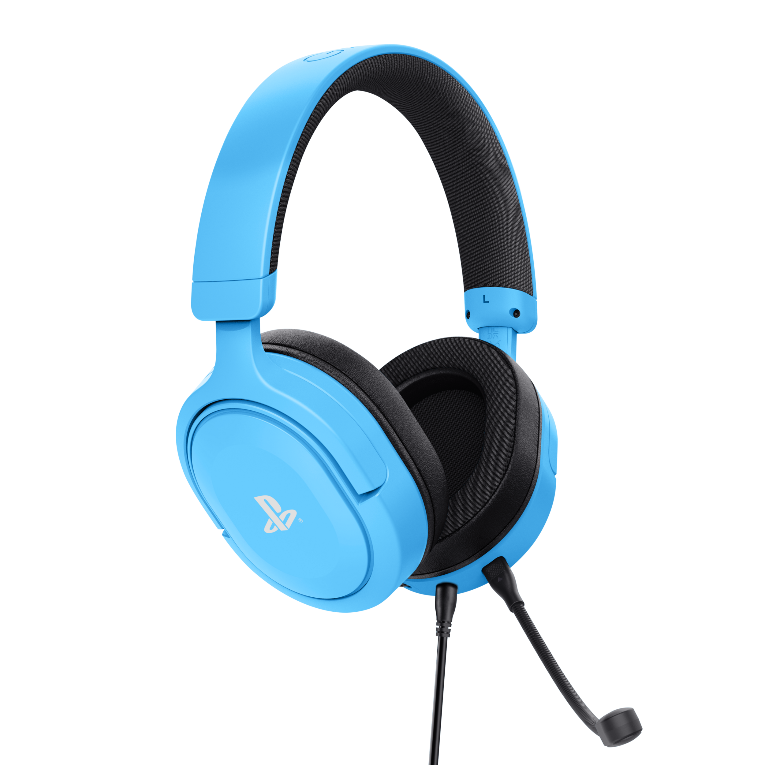 Niebieski zestaw słuchawkowy PlayStation z mikrofonem, czarnym kablem i nausznikami na czarnym tle.