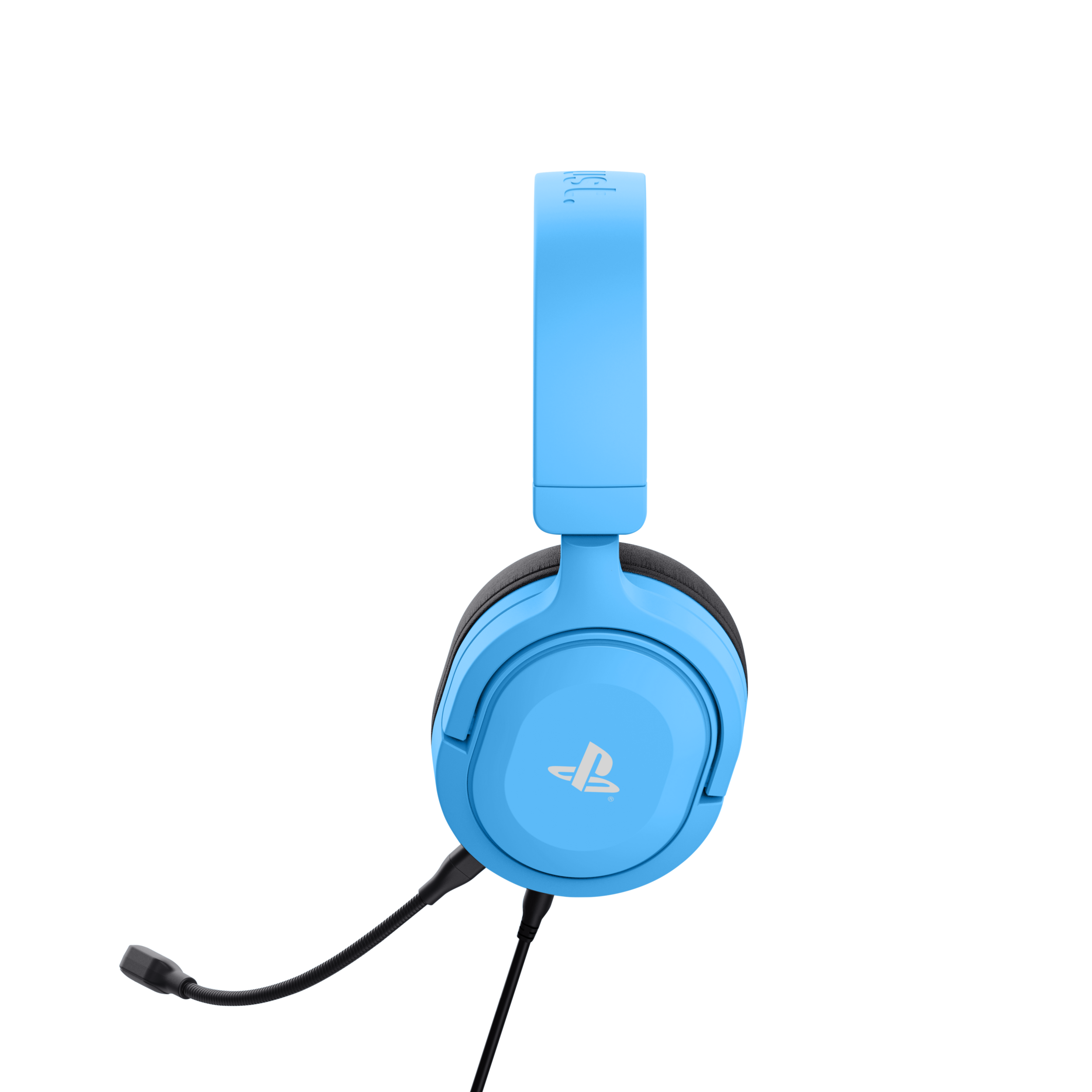 Jasnoniebieski zestaw słuchawkowy PlayStation. Posiada mikrofon i logo PlayStation na nauszniku.