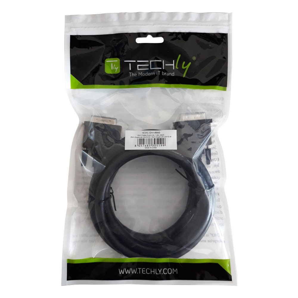 Ein schwarzes DVI-Kabel in einer Plastiktüte. Die Tüte hat ein Etikett mit Text und einer Website.