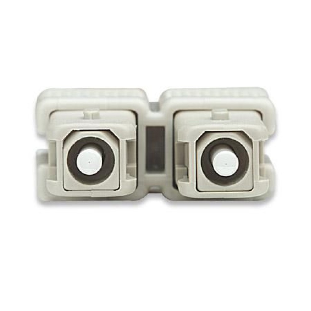 Un connettore in fibra ottica grigio con due porte su sfondo bianco.