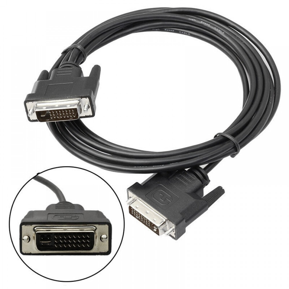 Ein schwarzes DVI-Kabel mit zwei DVI-Anschlüssen. Das Kabel ist vor weißem Hintergrund.