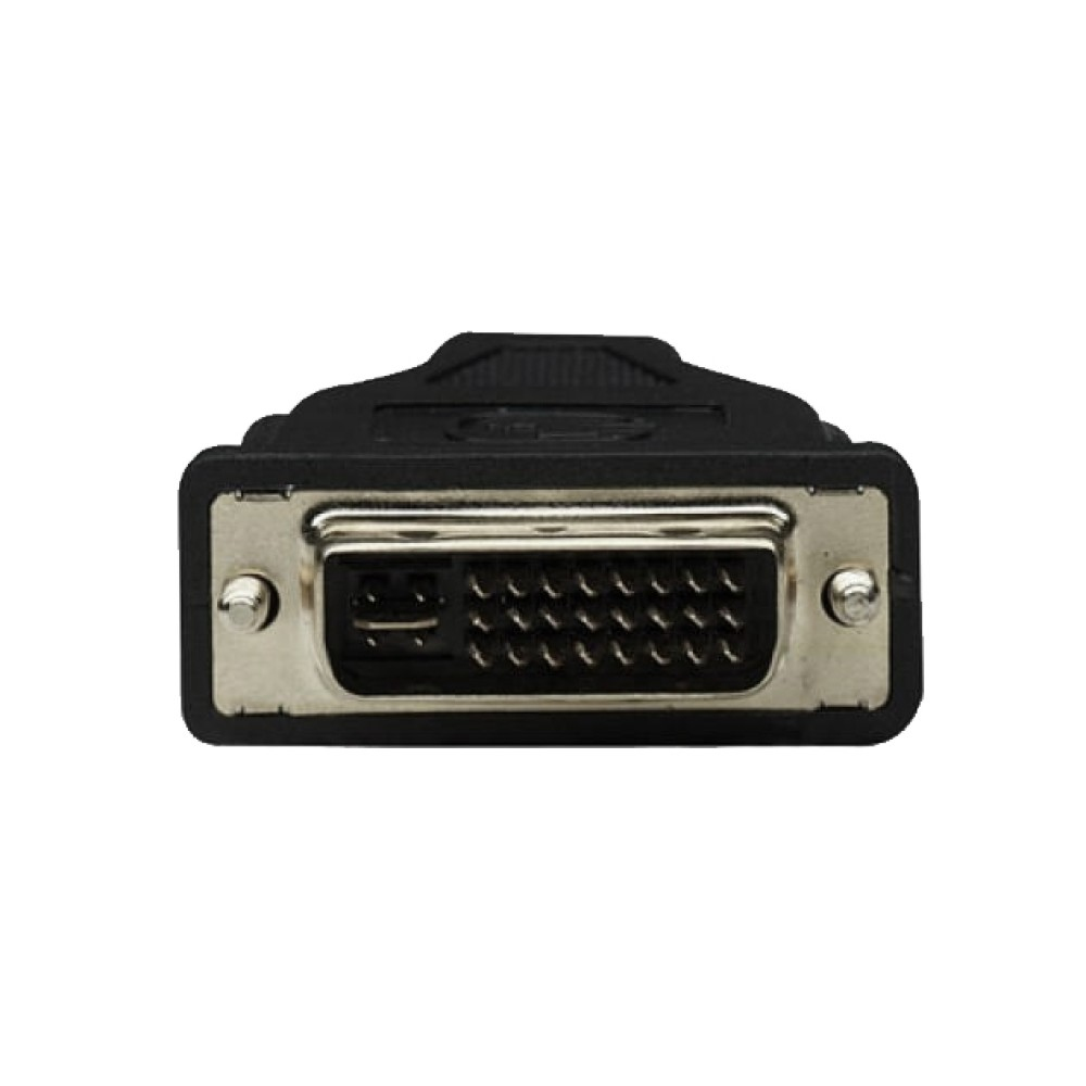 Ein schwarzer DVI-Stecker. Der Stecker ist vor weißem Hintergrund.