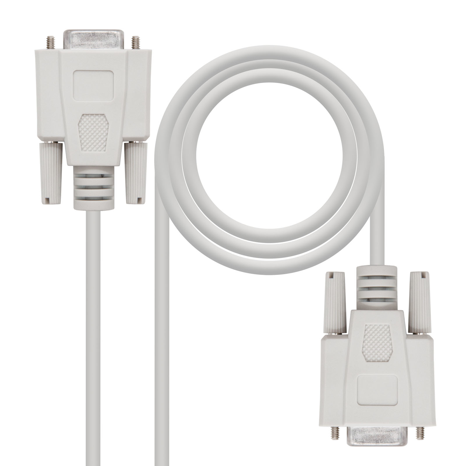 Cavo bianco con due connettori DB9. Sfondo bianco.
