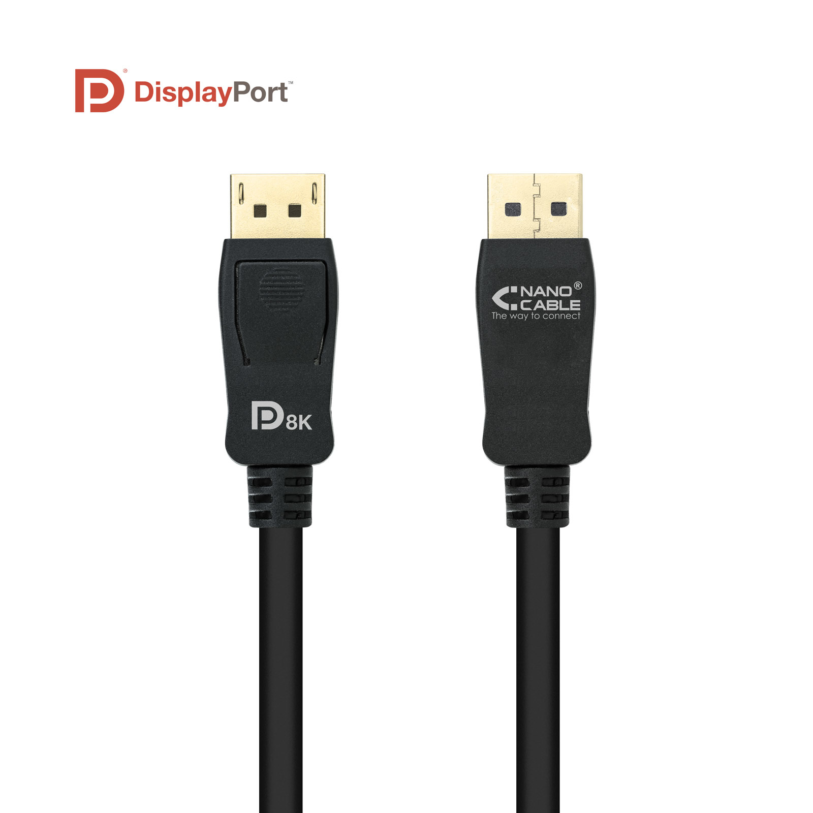 Twee zwarte DisplayPort kabels, gouden connectoren, witte achtergrond.