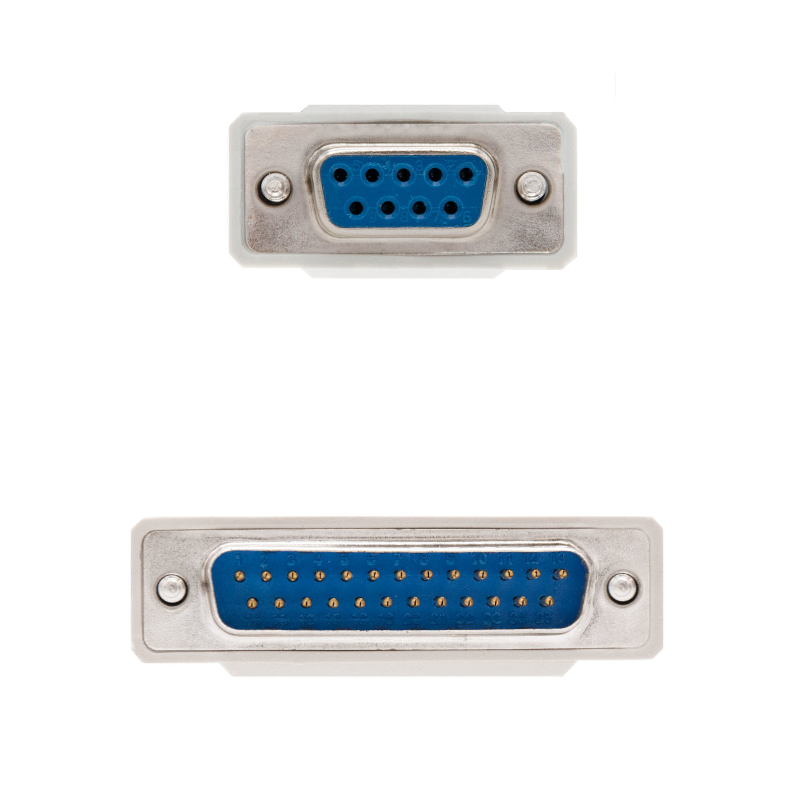 Due connettori seriali, uno con 9 pin, uno con 25 pin, sfondo bianco.