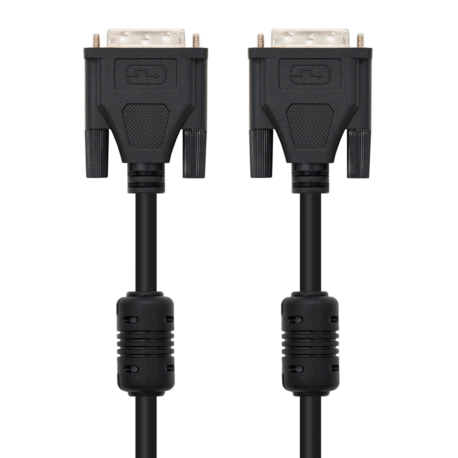 Dos cables DVI negros con tornillos, cables negros, sobre fondo blanco.