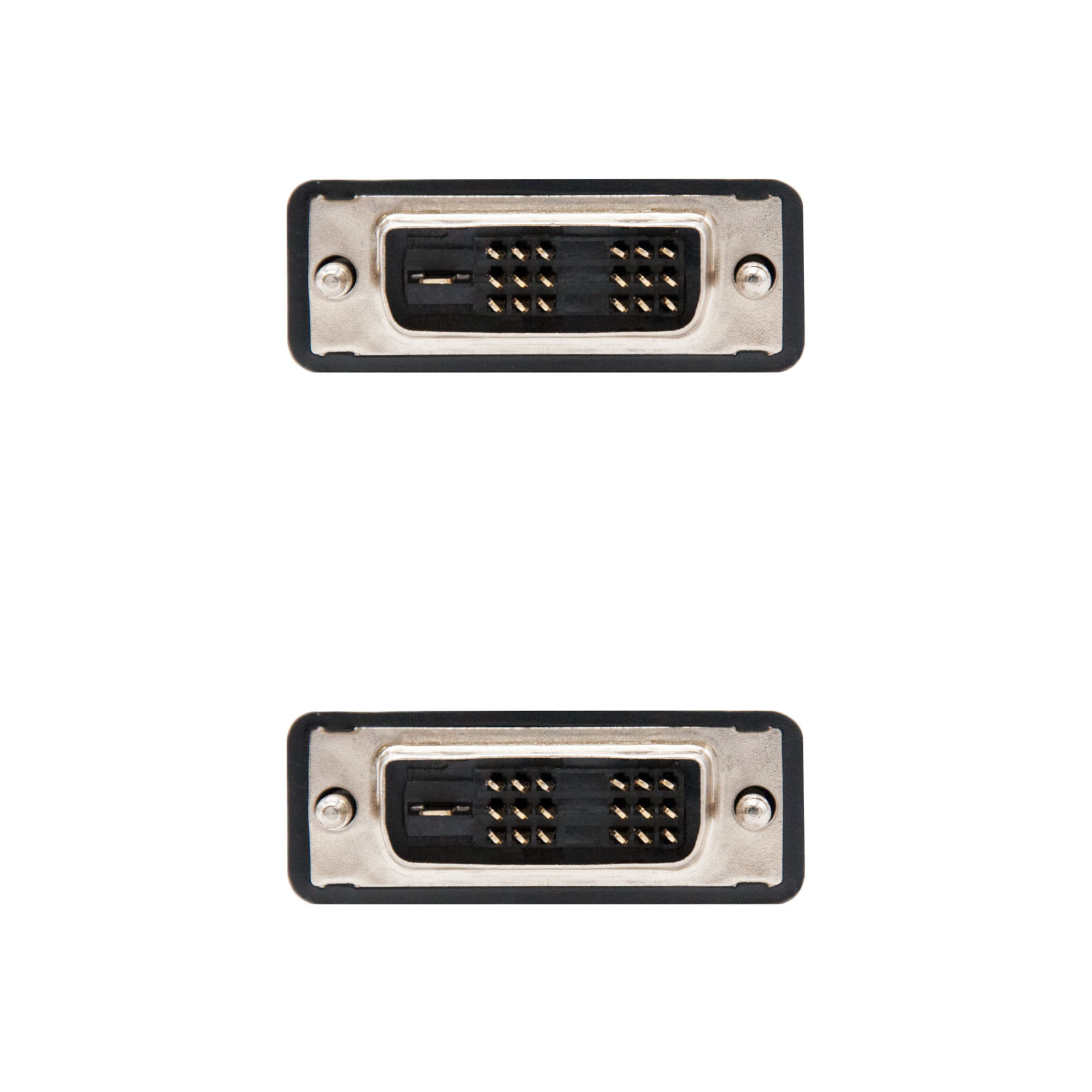 Dos conectores DVI, plateados y negros, sobre fondo blanco.