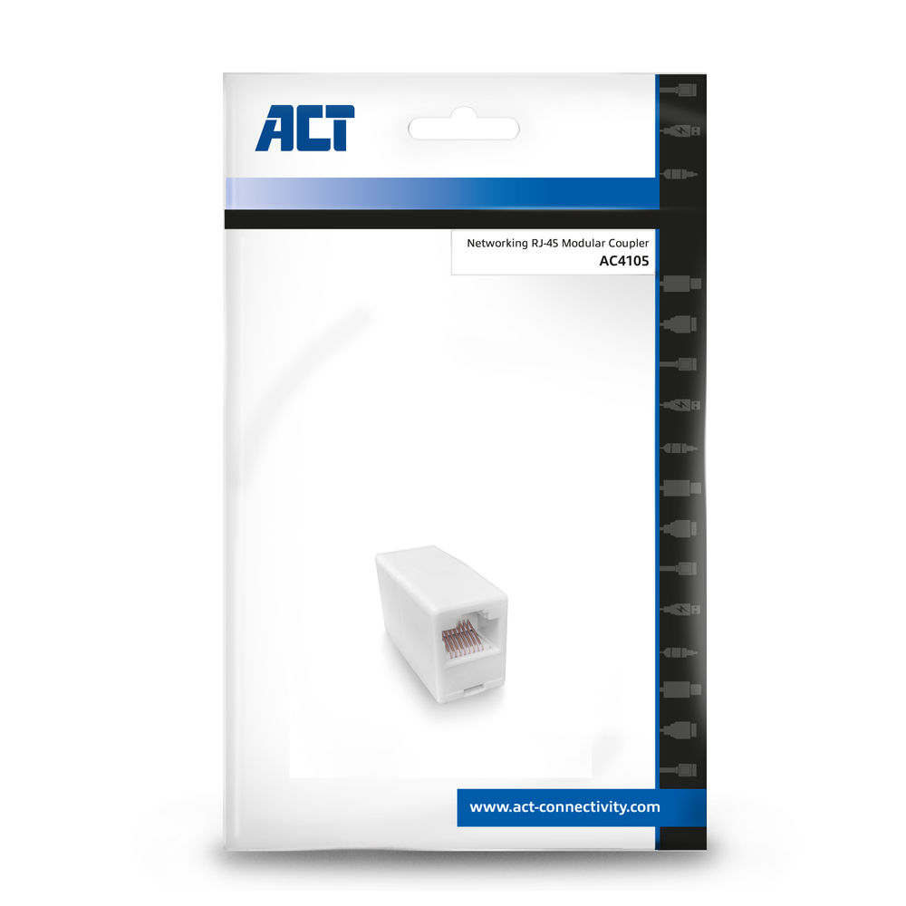 Coupleur modulaire RJ45 blanc dans son emballage. Le logo de la marque 'ACT' est visible.