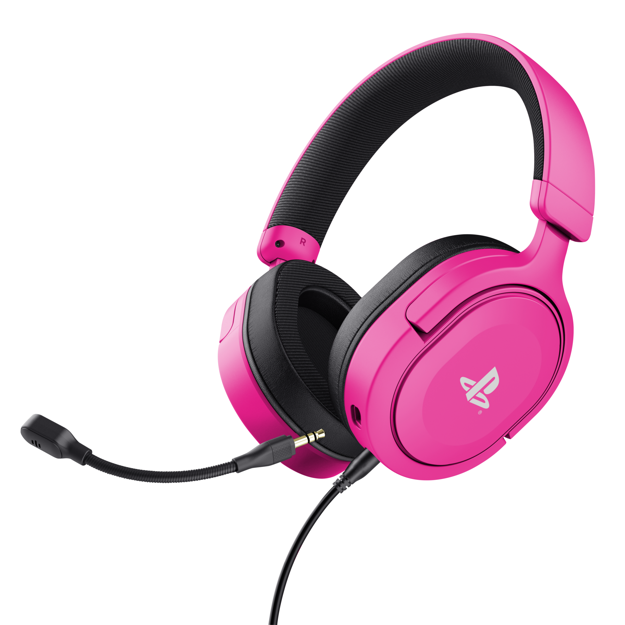 Różowe słuchawki dla graczy z mikrofonem, czarnym kablem i czarnym tłem.