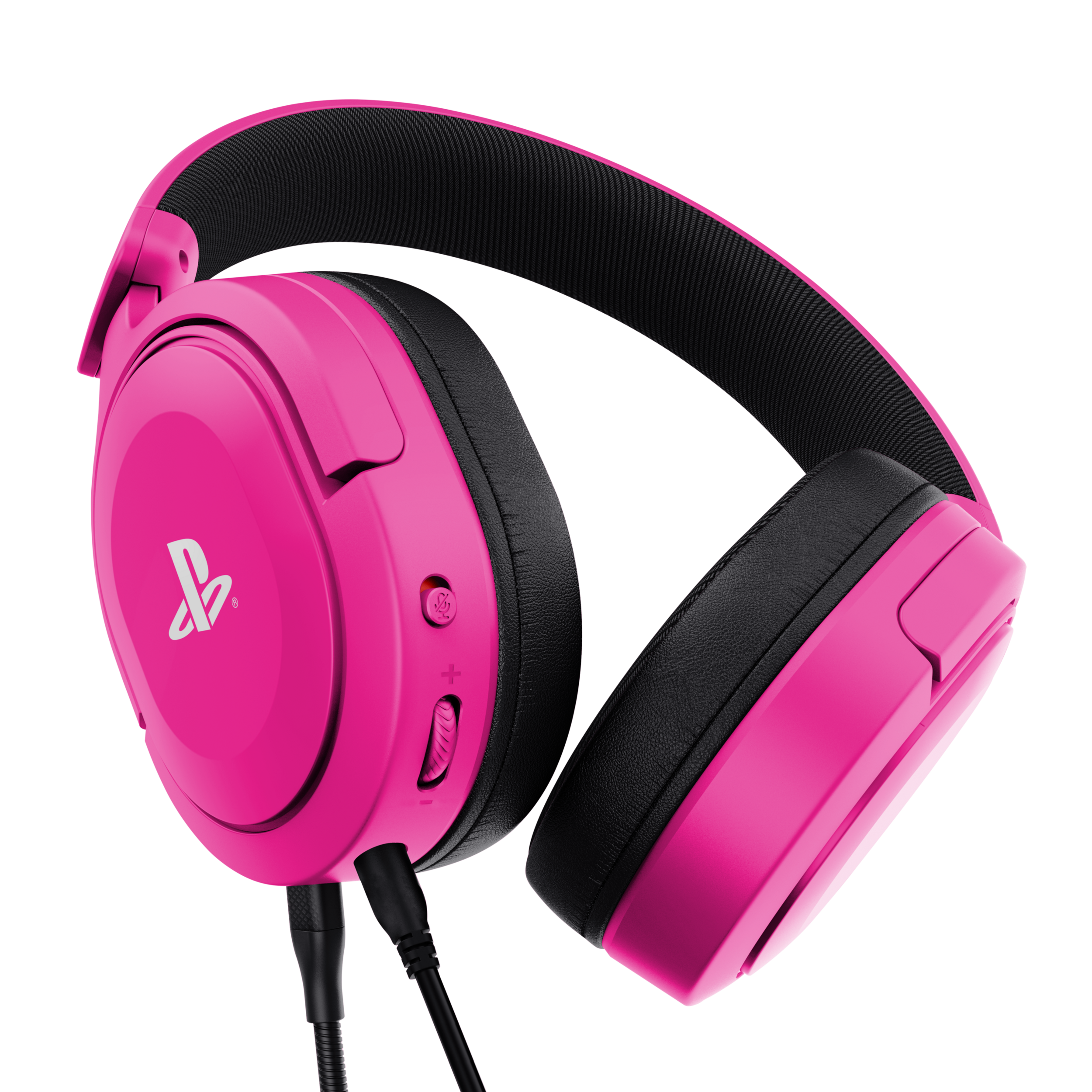 Różowe słuchawki do gier PlayStation. Czarny pałąk i nauszniki widoczne.