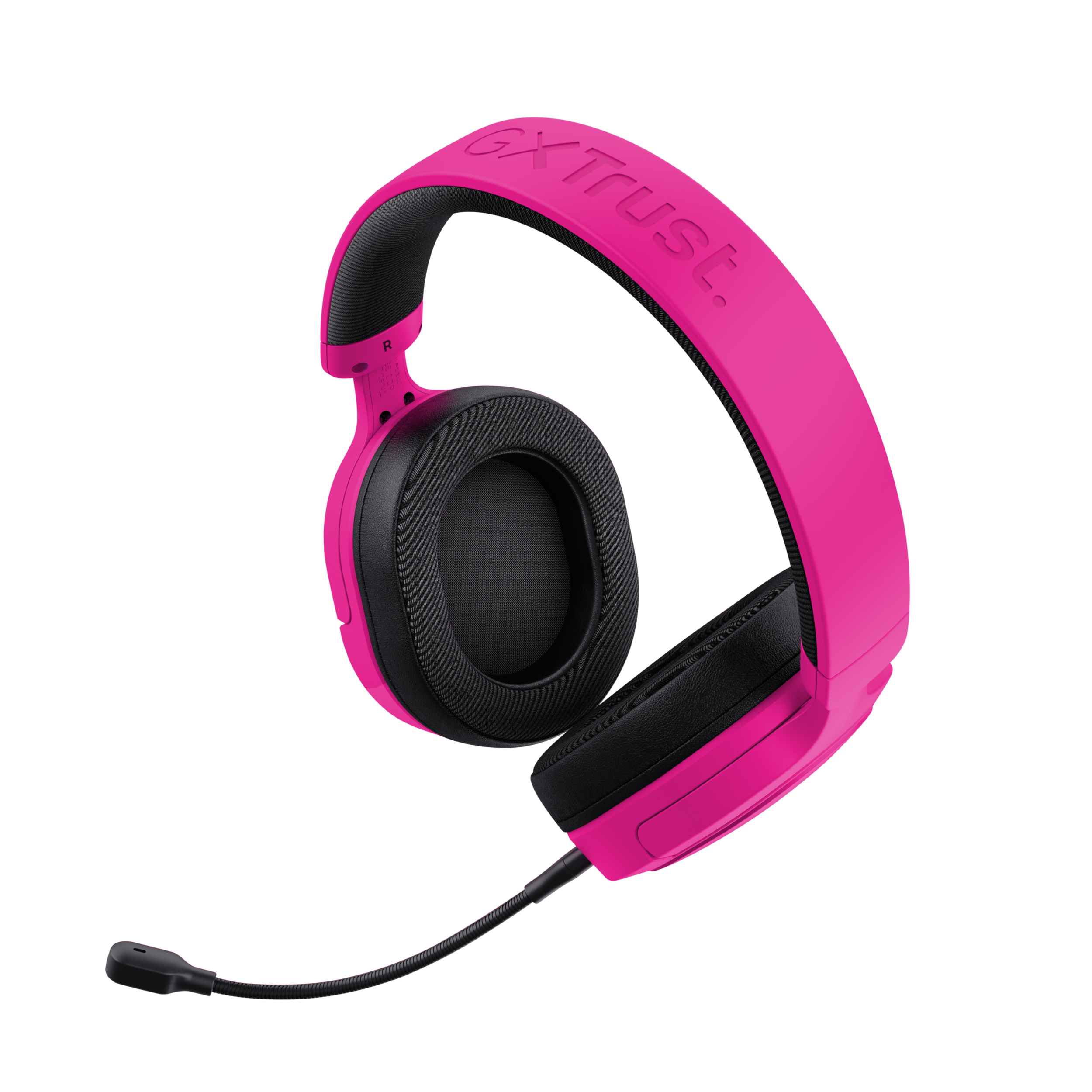 Różowo-czarny zestaw słuchawkowy z mikrofonem, na czarnym tle.