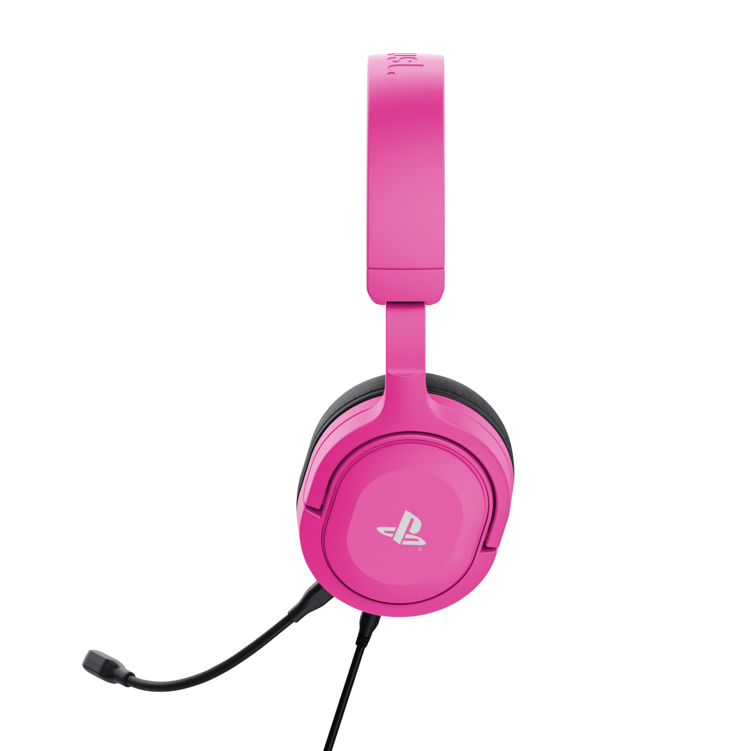 Różowy zestaw słuchawkowy dla graczy. Zestaw słuchawkowy ma mikrofon i logo PlayStation.