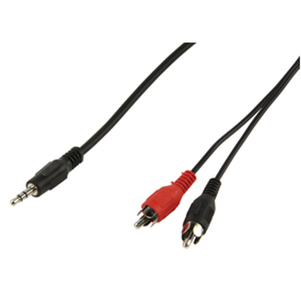 Cavo audio nero con jack da 3,5 mm e connettori RCA.