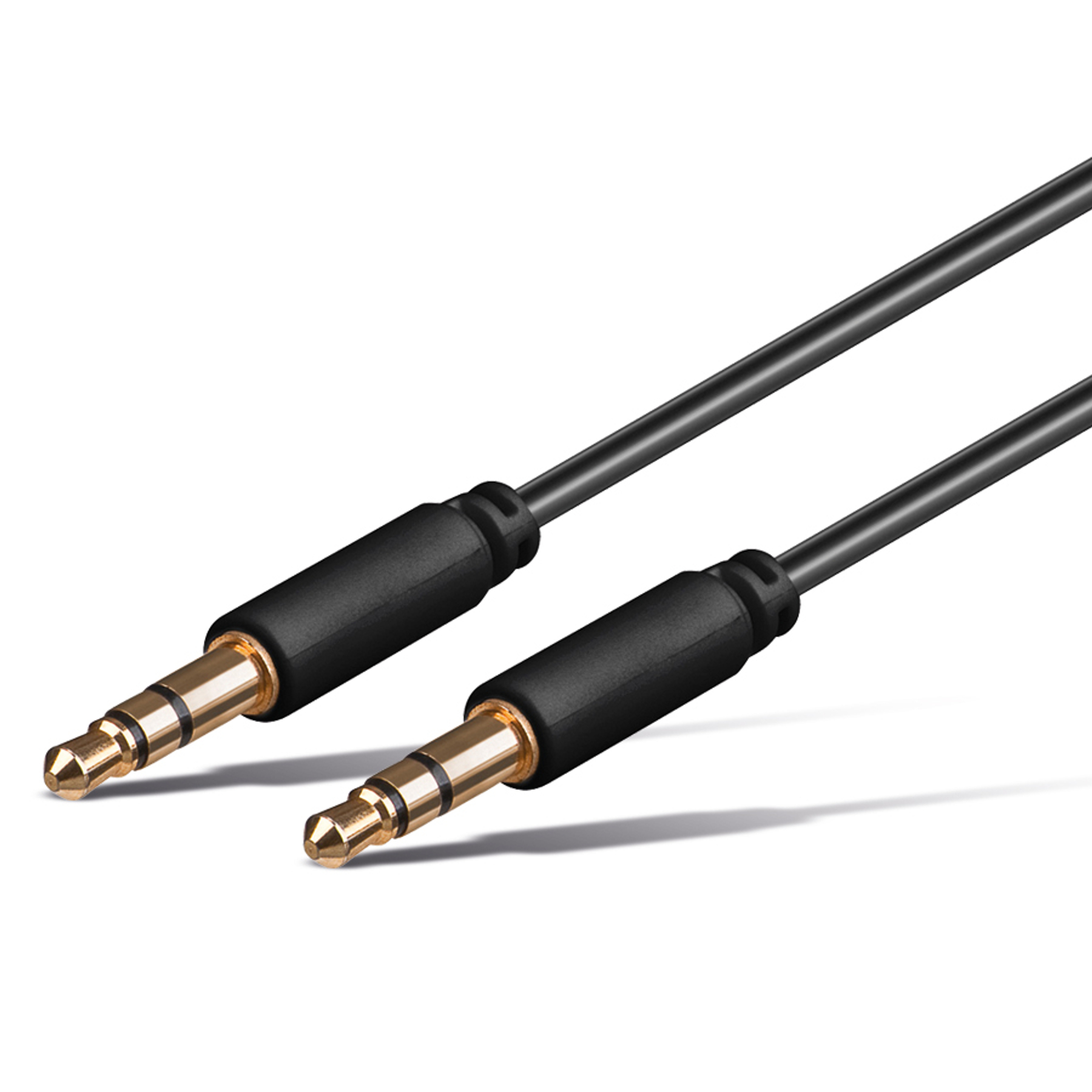 Due cavi audio neri con connettori color oro. Sono su sfondo bianco.