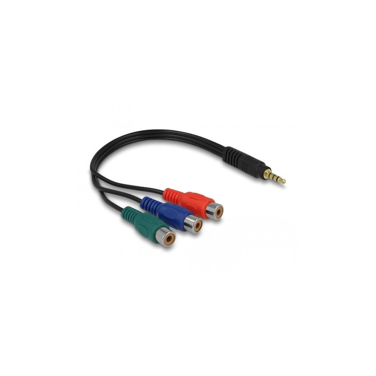 Cavo nero con jack da 3,5 mm e tre connettori RCA: rosso, blu, verde.