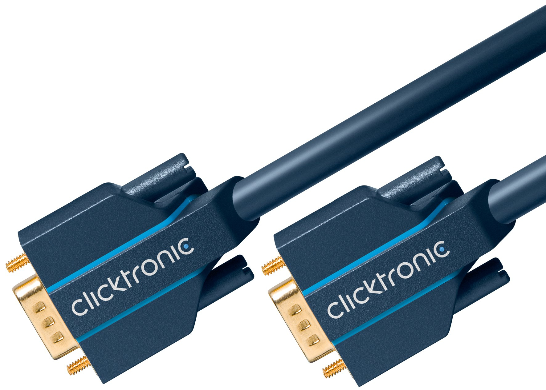 Due cavi VGA Clicktronic blu, primo piano, su sfondo bianco. Connettori in basso.