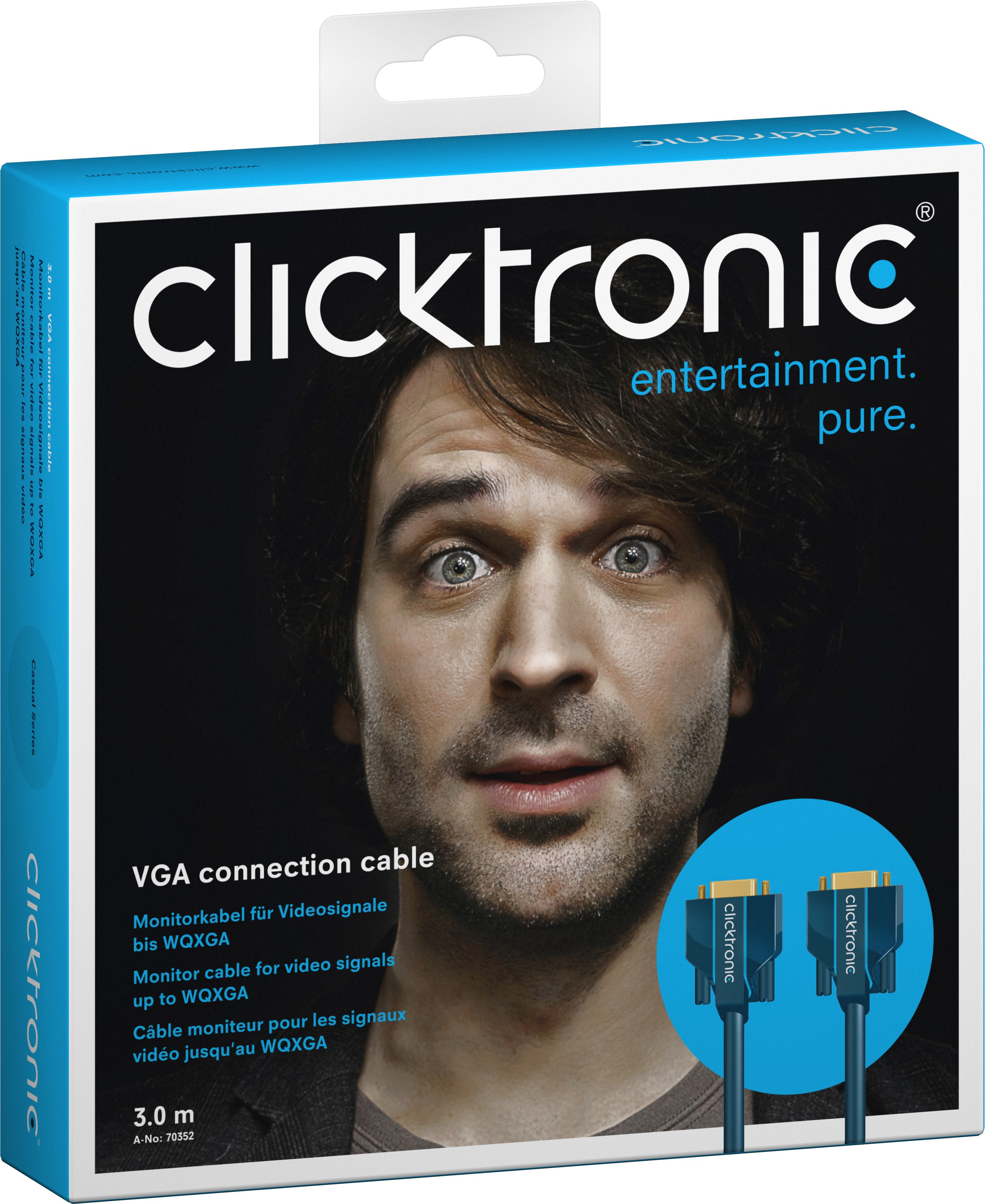 Scatola per cavo VGA Clicktronic con volto di uomo e cavi. Sfondo scuro.