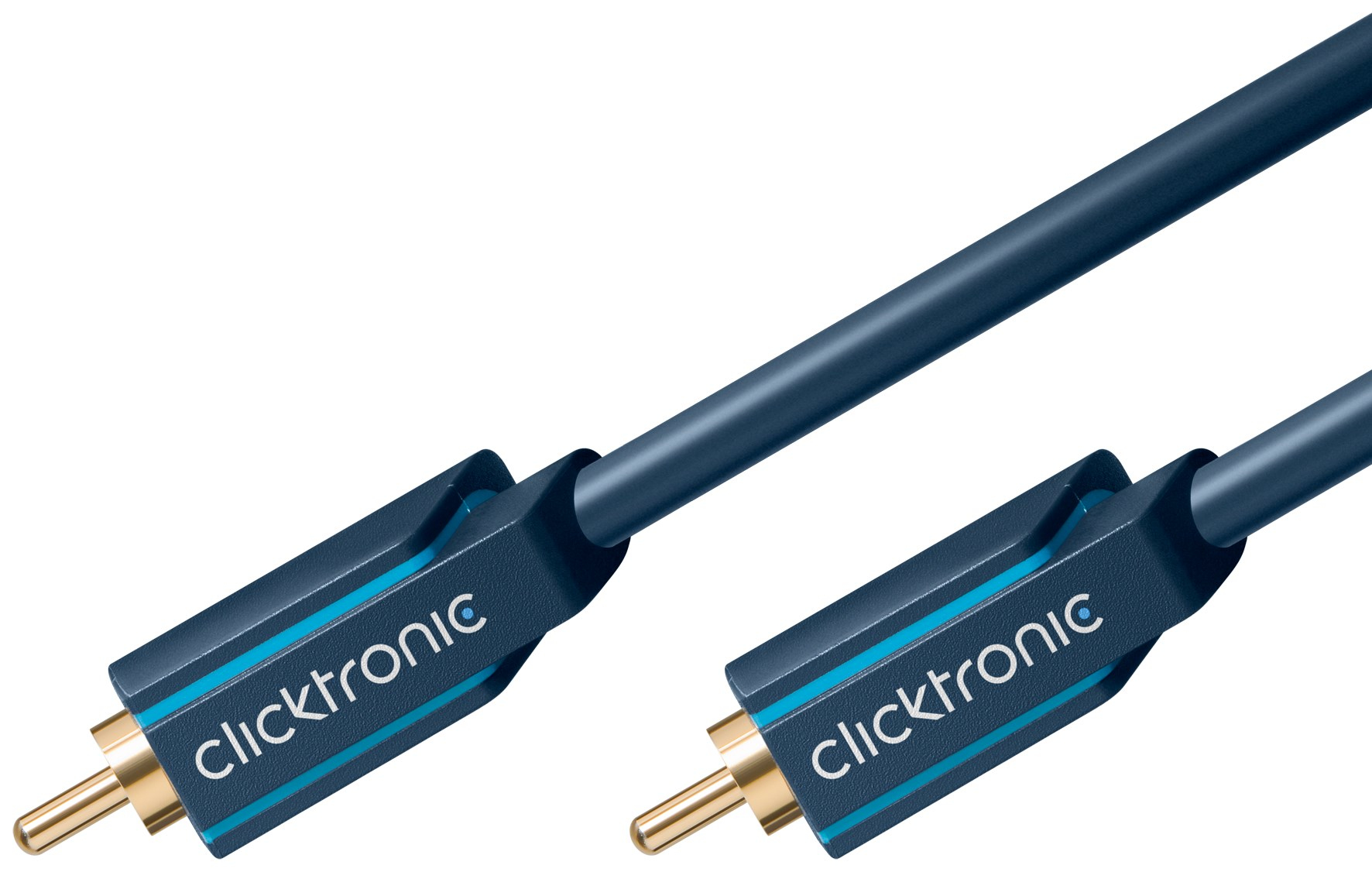 Due cavi RCA Clicktronic blu, primo piano, su sfondo bianco. Connettori in basso.
