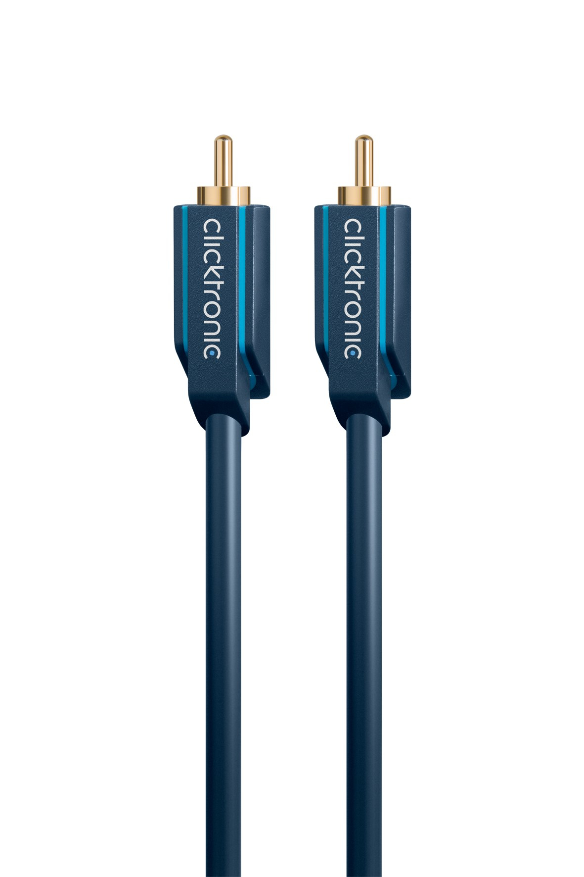 Due cavi RCA Clicktronic blu, vista verticale, su sfondo bianco. Connettori in basso.