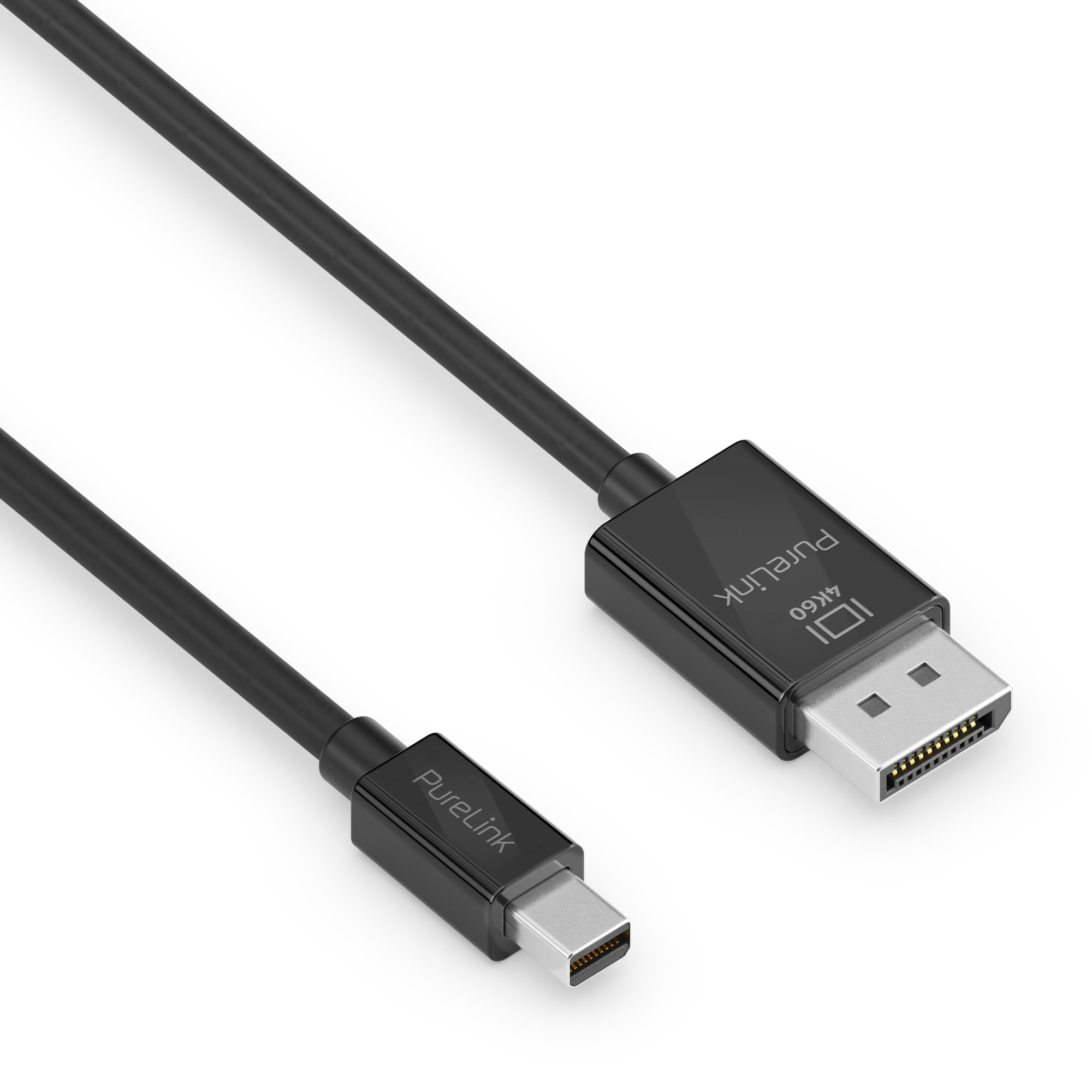 Cavo PureLink nero con connettori DisplayPort e mini-DisplayPort, sfondo bianco.