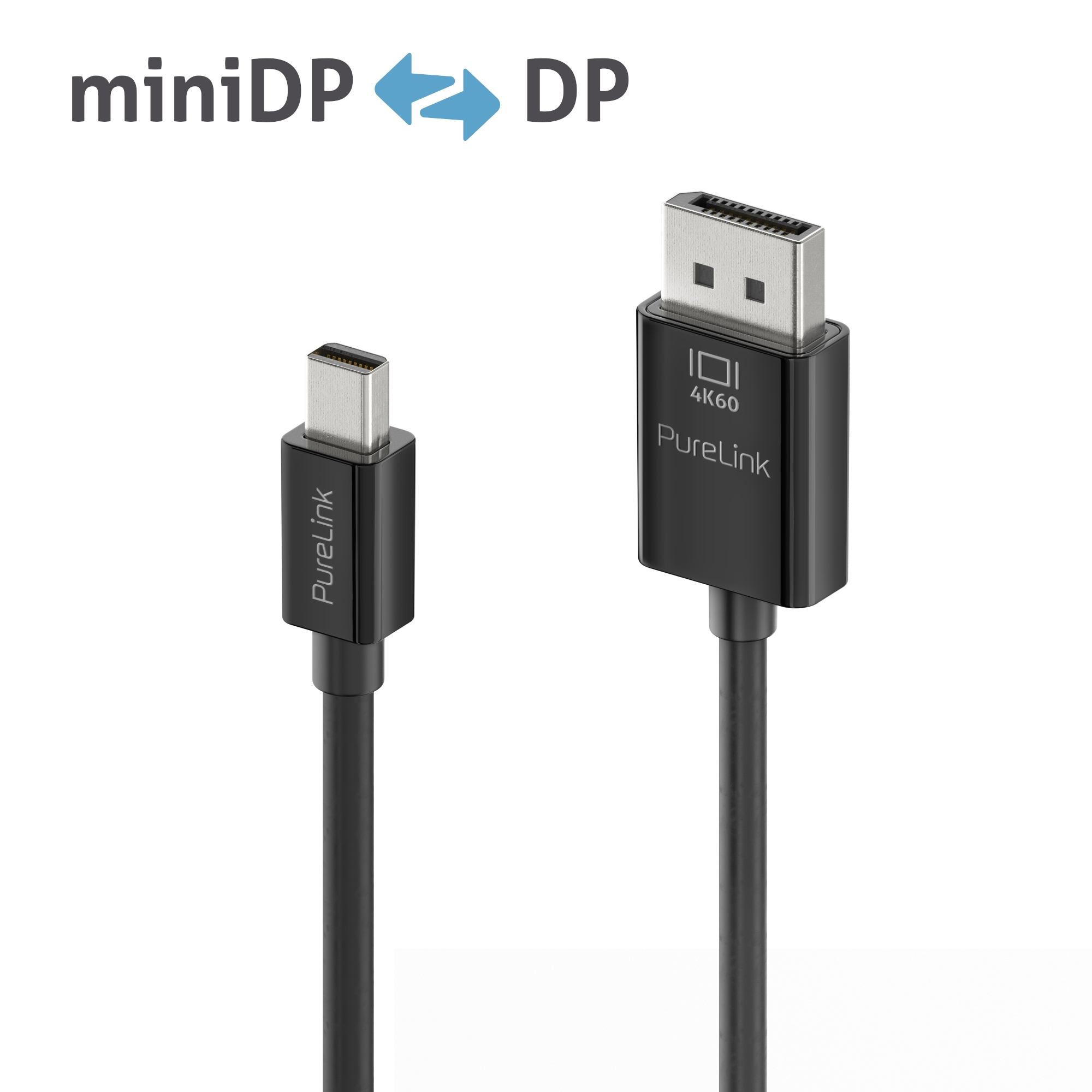 Due cavi PureLink neri: miniDP e DP, con sfondo bianco e testo miniDP ↔ DP.