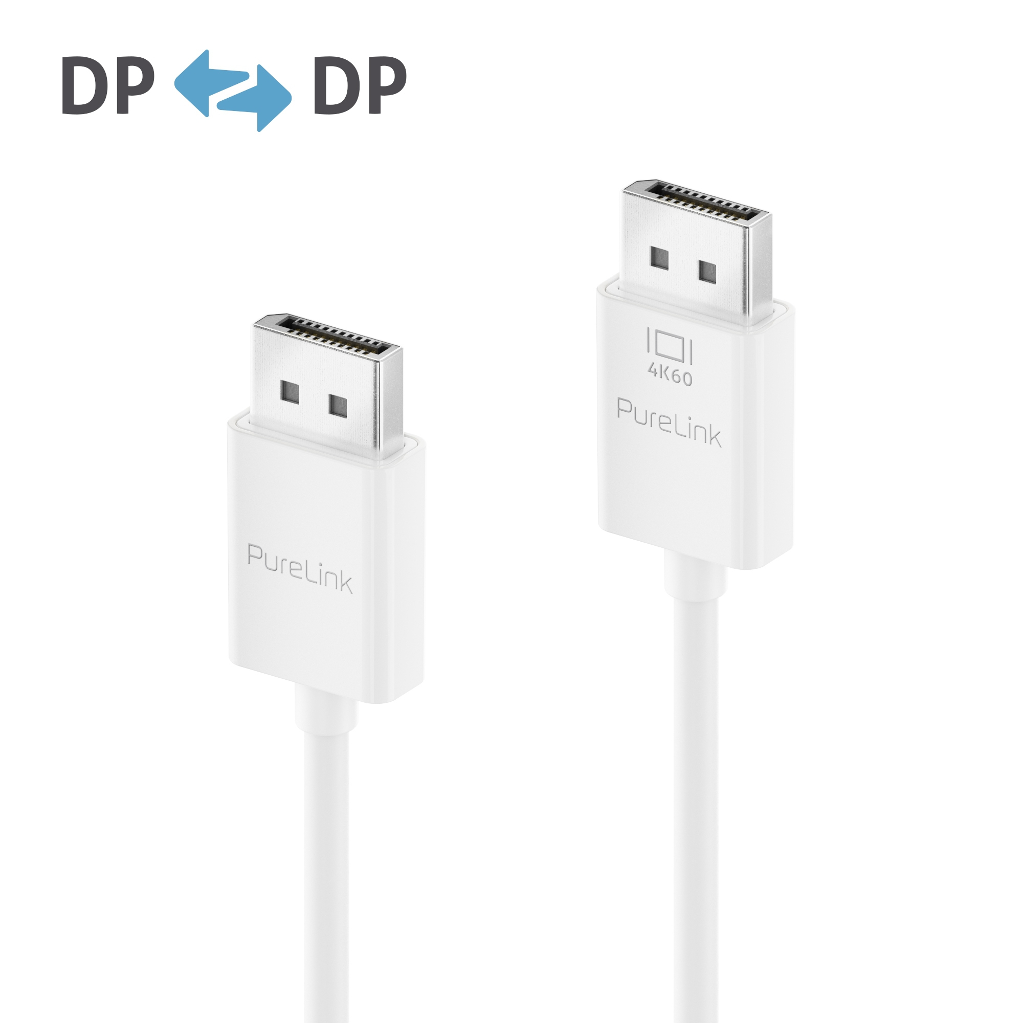 Zwei weiße DisplayPort-Kabel mit DisplayPort-Anschlüssen, beschriftet mit PureLink 4K60.