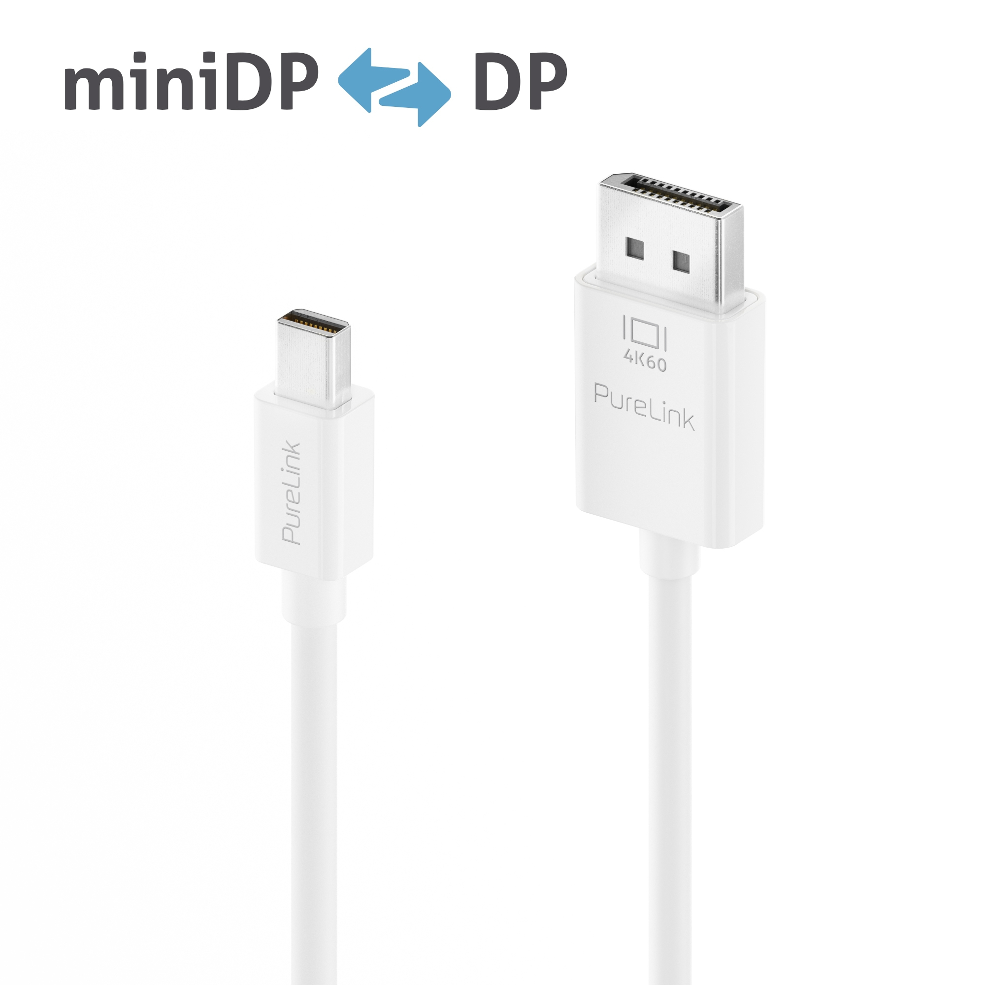 Zwei weiße PureLink-Kabel: miniDP und DP, mit weißem Hintergrund und Text miniDP ↔ DP.