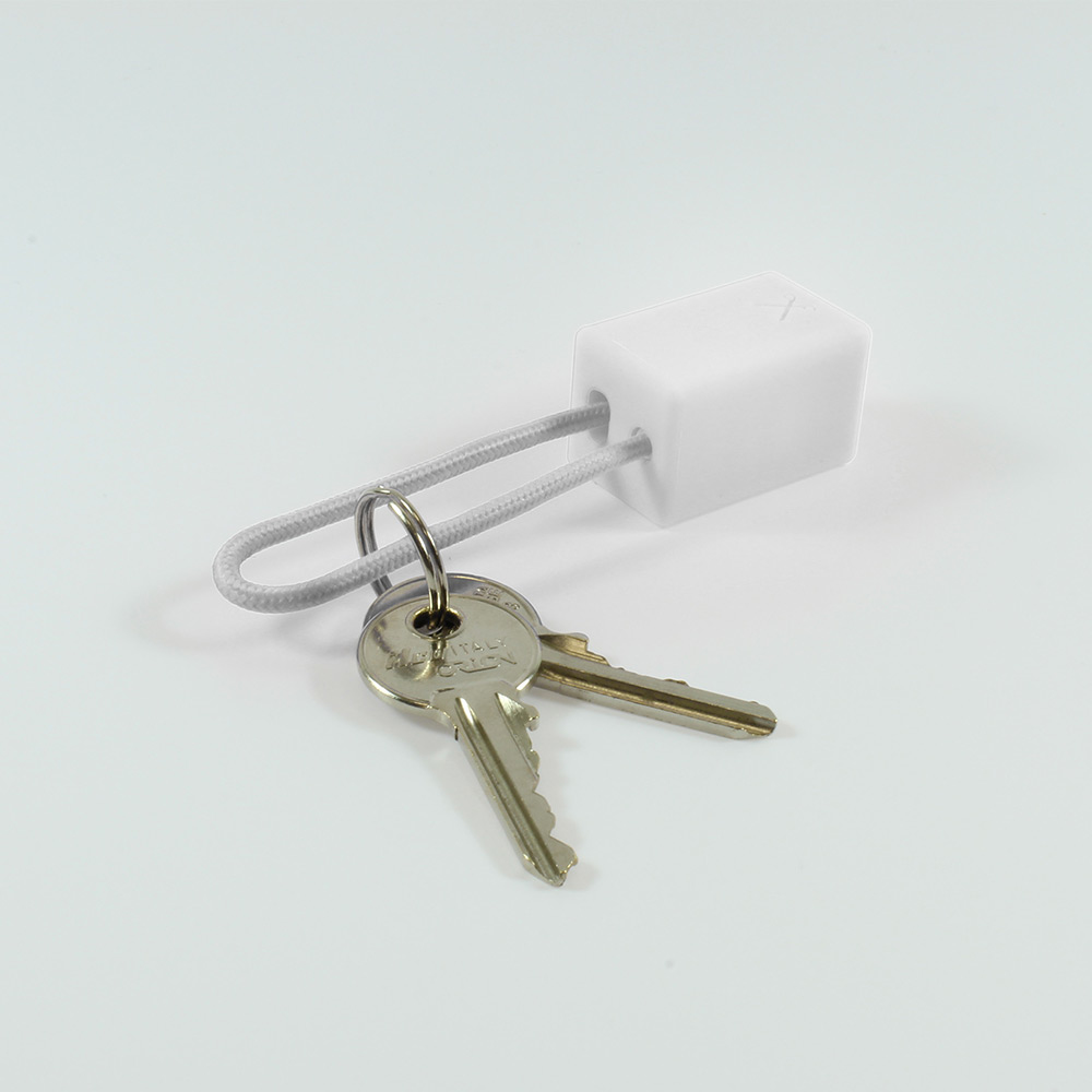Un cubo bianco con un portachiavi e due chiavi d'argento, su sfondo bianco.
