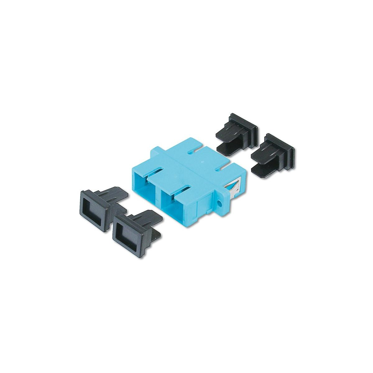 Connettore in plastica blu e nero con tappi neri su sfondo bianco.