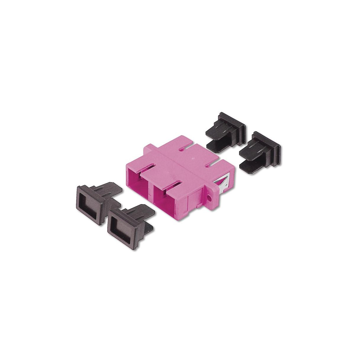 Connettore in fibra ottica rettangolare rosa con coperture nere.