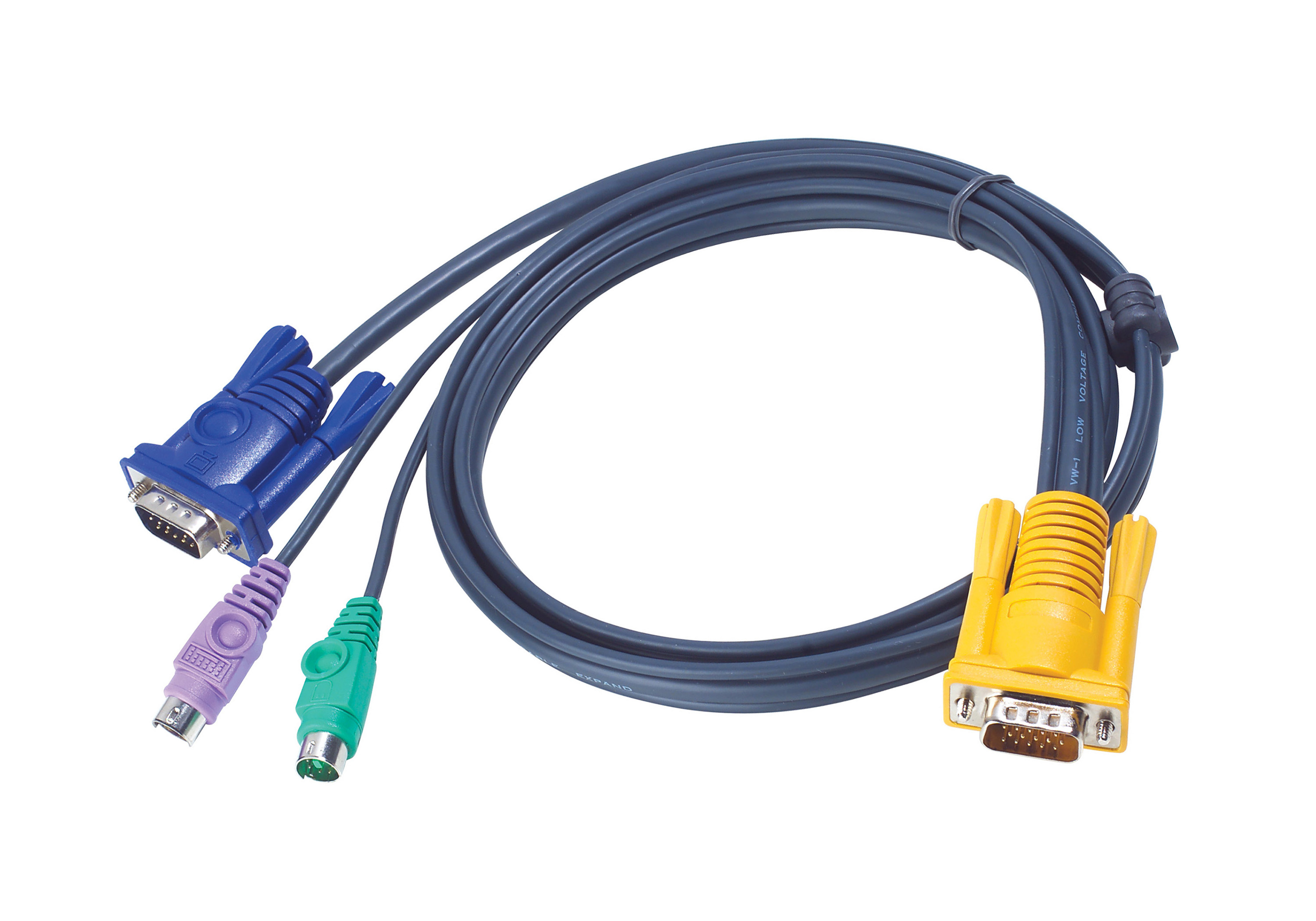 Un cavo VGA multicolore con tre connettori su sfondo bianco.