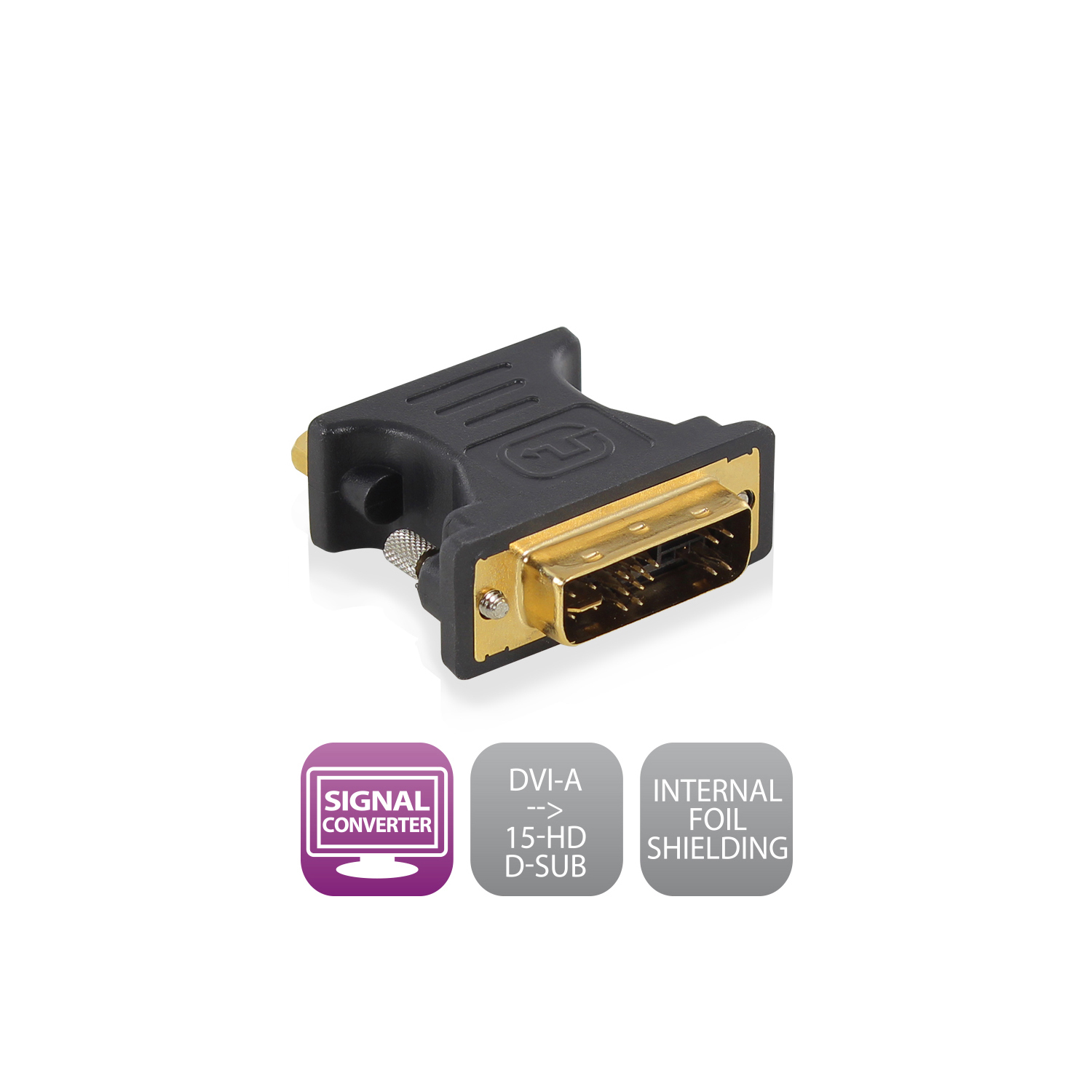 Zwarte DVI-A naar D-Sub adapter op wit. Tekstlabels: signaal converter, interne folie afscherming.