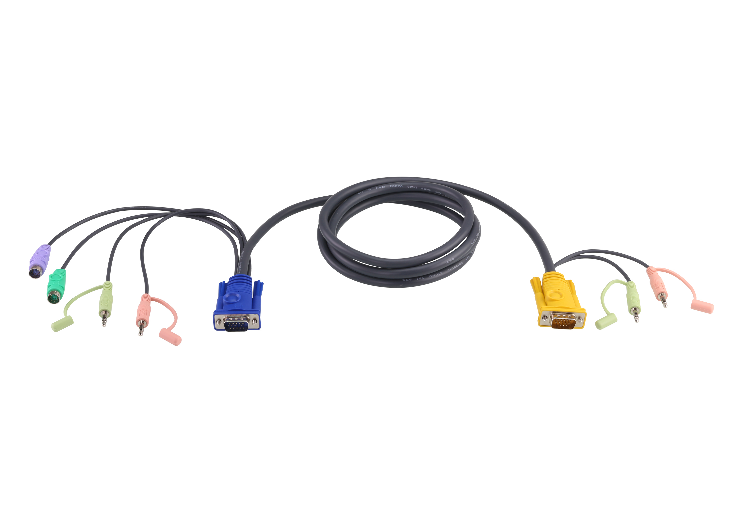 Un cavo VGA con connettori multicolore: blu, giallo, rosa, verde, viola.