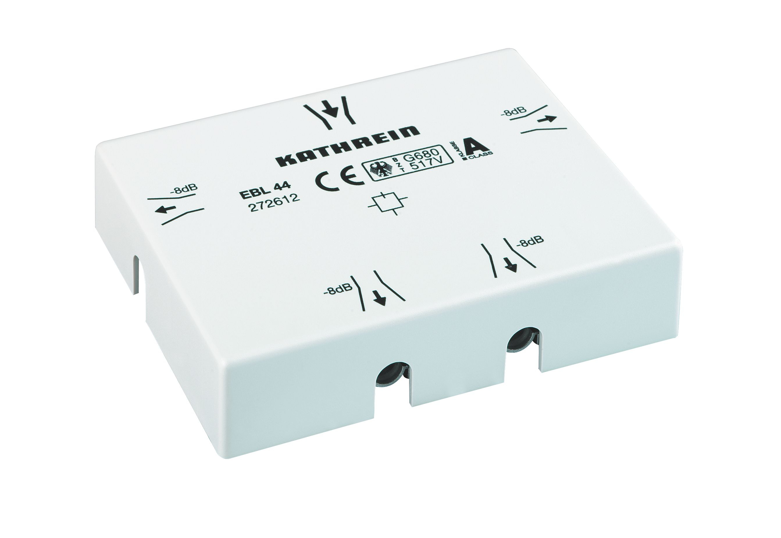 Un dispositivo Kathrein bianco con frecce, etichettato -8dB e altri segni.