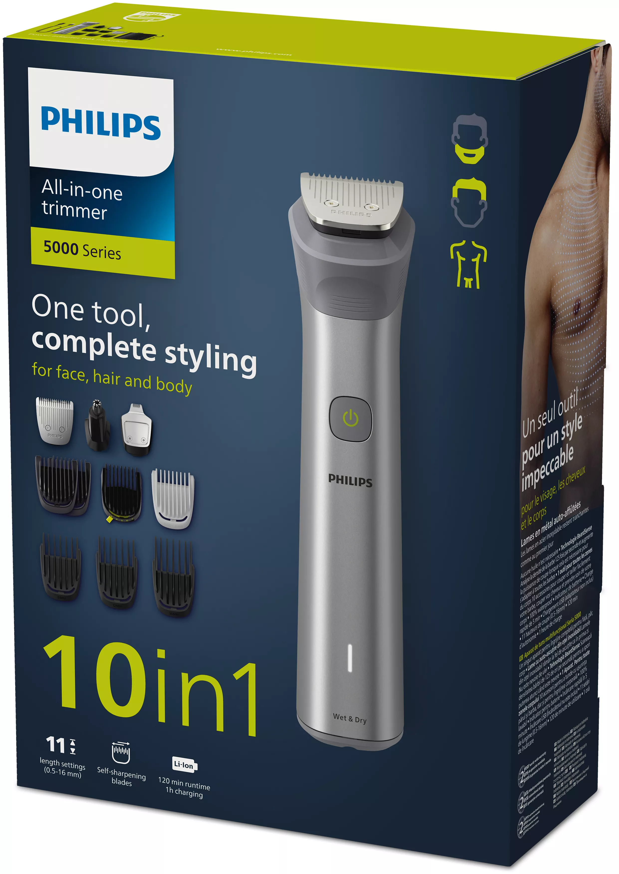 Caja del recortador Philips todo en uno. Muestra el recortador y accesorios.