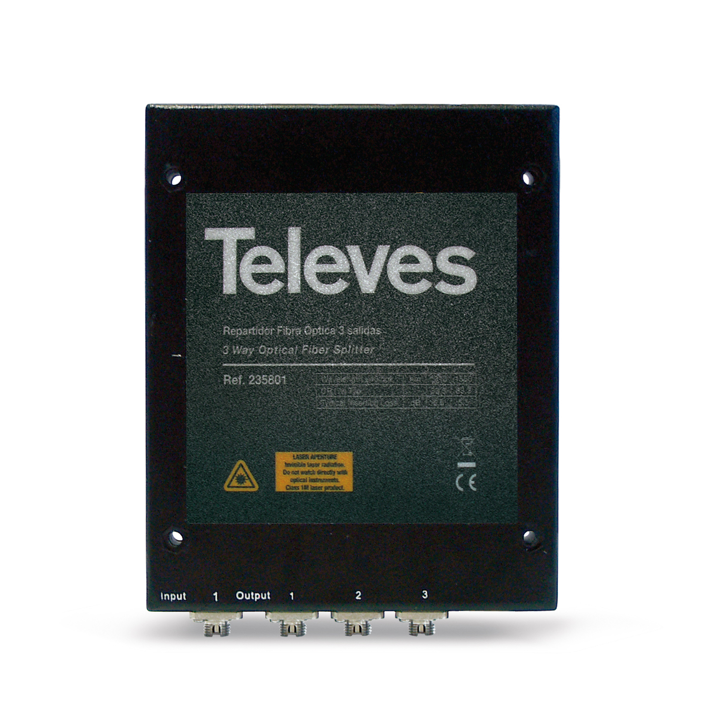 Splitter in fibra ottica Televes nero, su sfondo bianco. Testo e connettori visibili.
