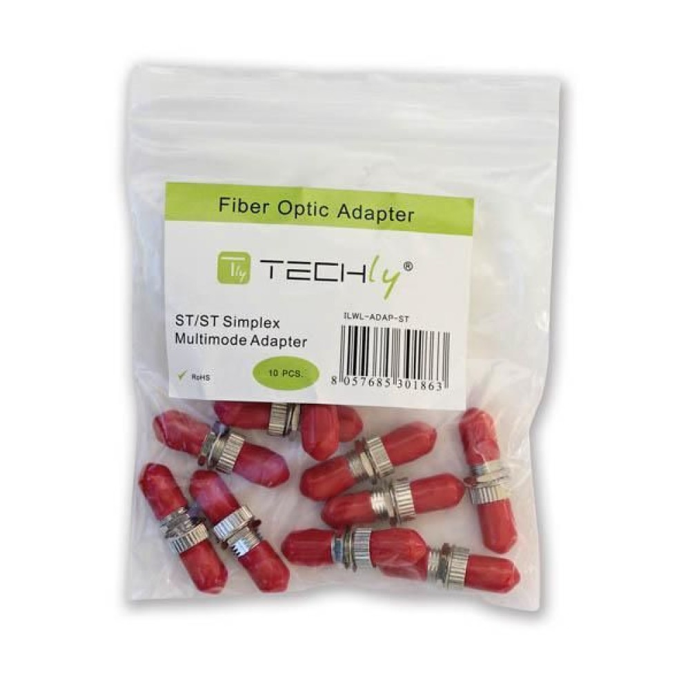 Un sacchetto di plastica trasparente contenente dieci connettori in fibra ottica rossi con collari argentati.