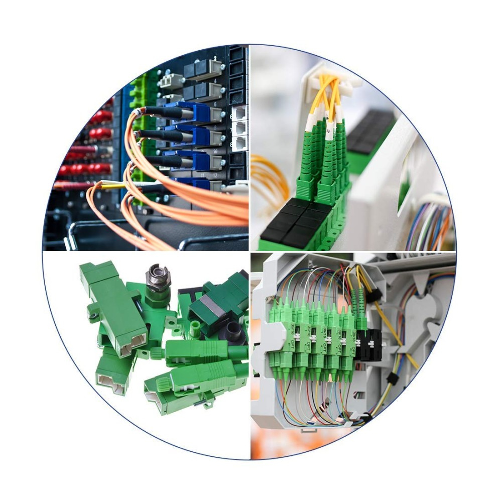 Un collage di connettori di rete e componenti in fibra ottica, in un layout circolare.