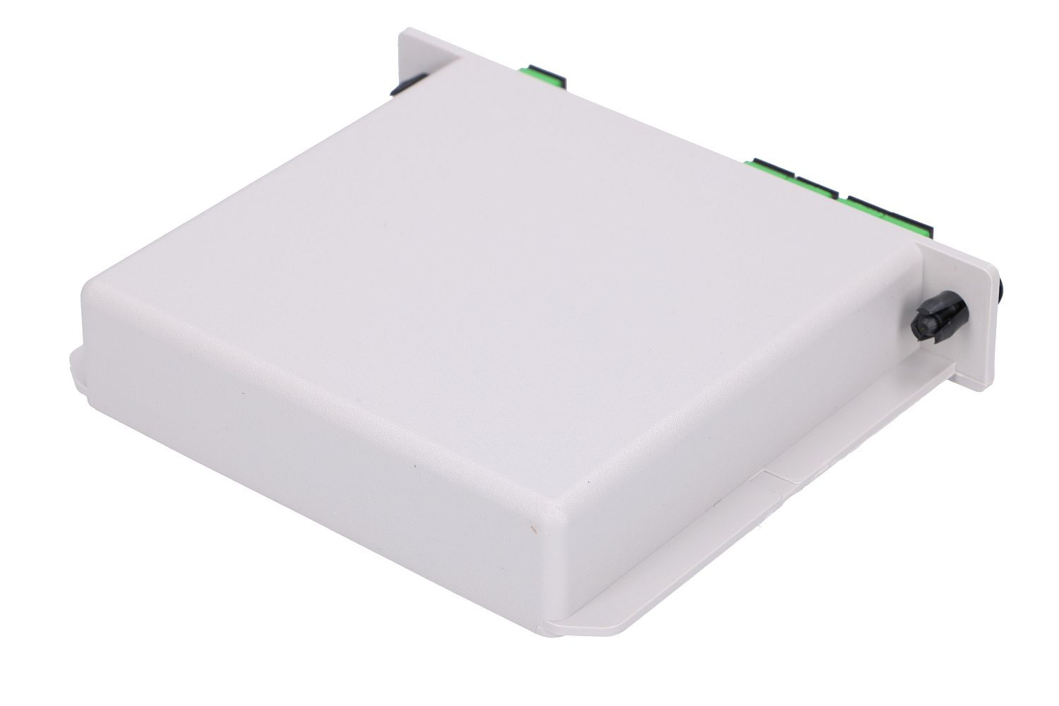 Szare pudełko, prawdopodobnie rozdzielacz, z etykietą na górze. Białe tło.