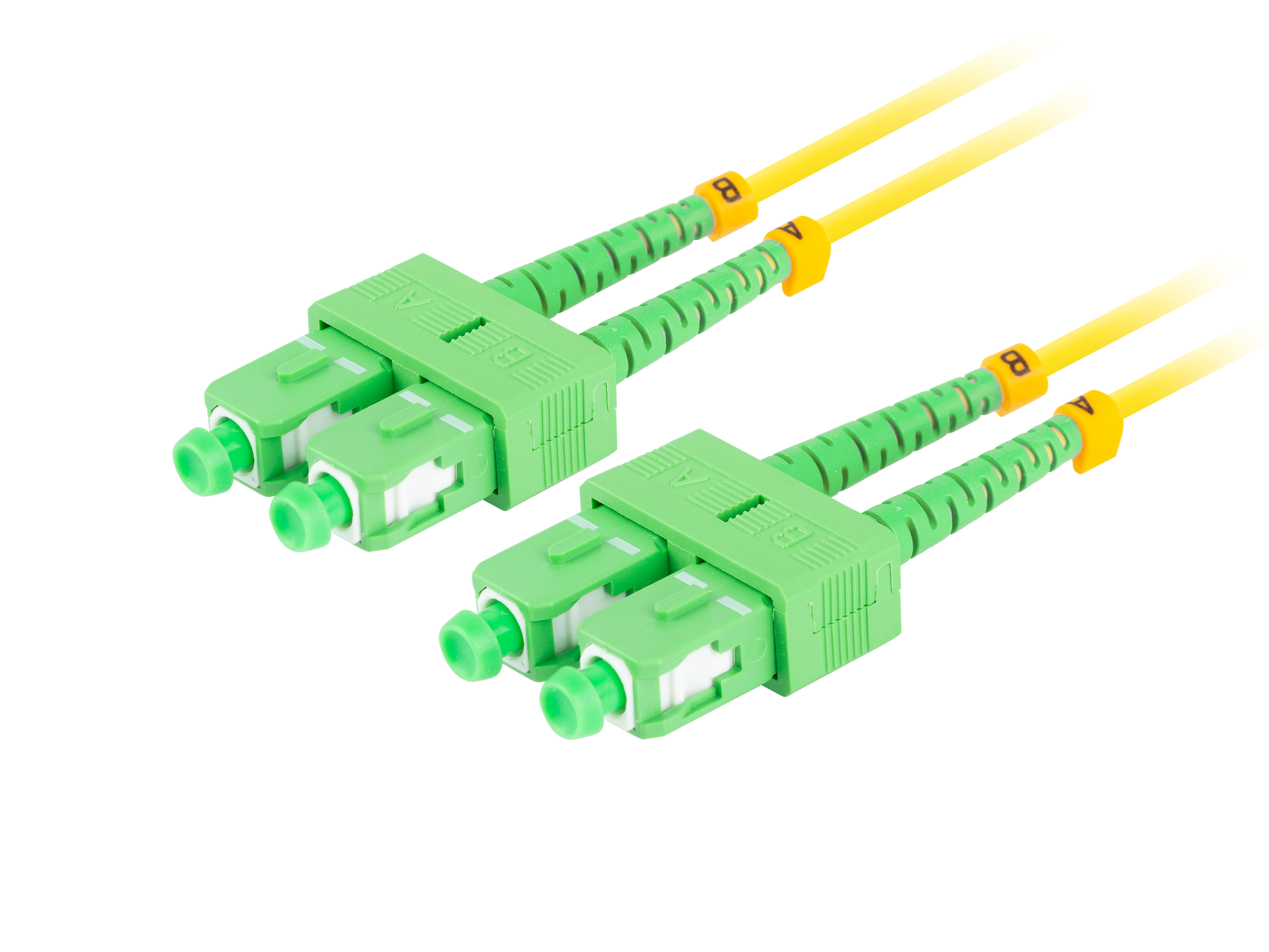 Due cavi in fibra ottica verdi e gialli con connettori verdi.