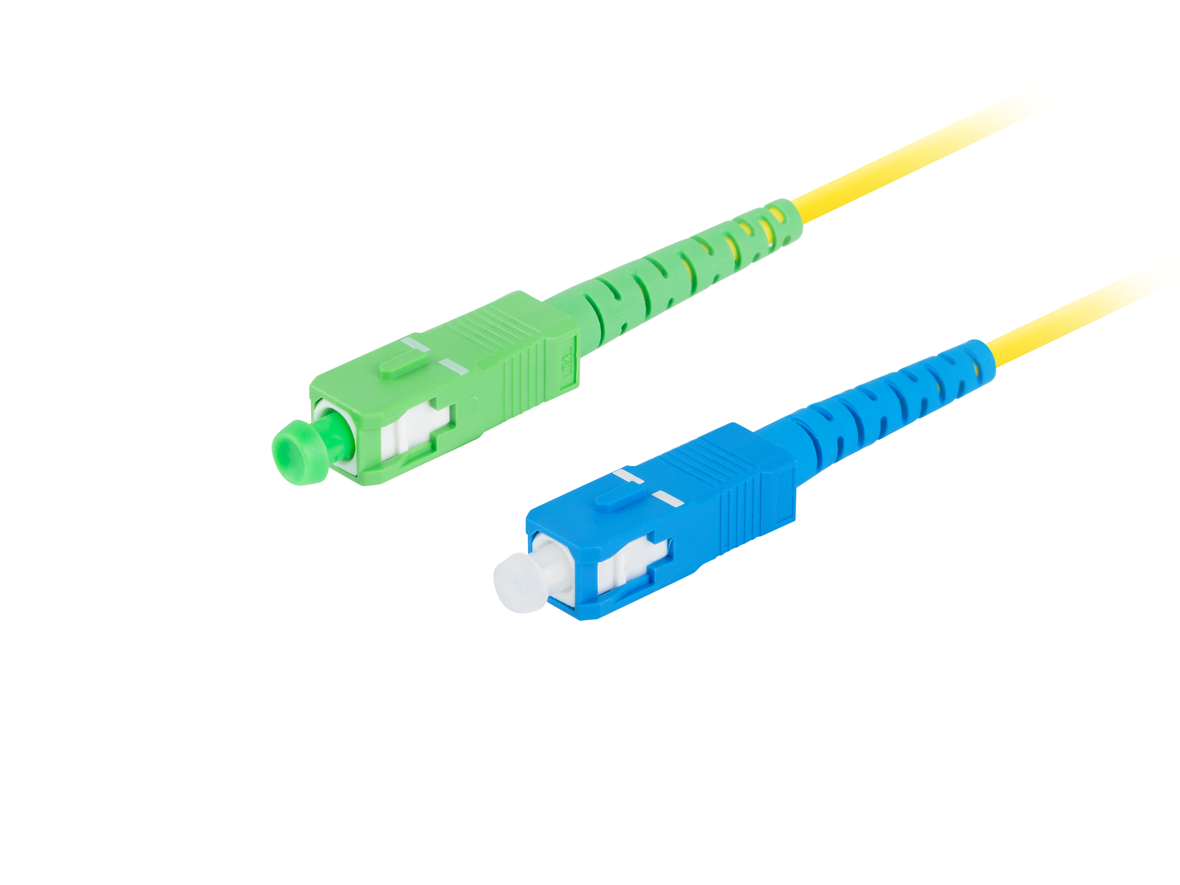 Due cavi in fibra ottica, connettori verdi e blu, cavi gialli, sfondo bianco.